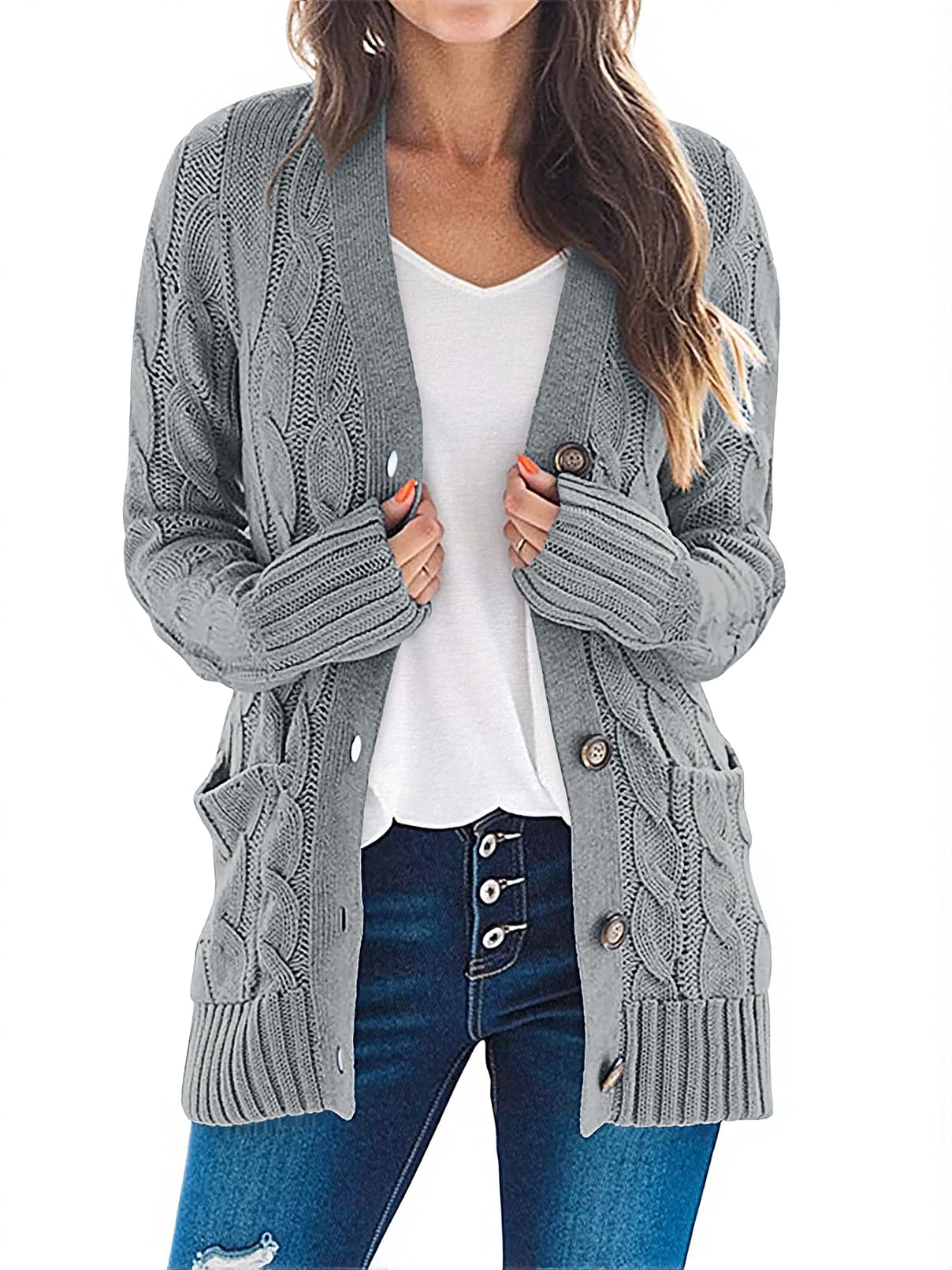 MEROKEETY Women's 2025 Fall Long Sleeve Cable Knit Sweater Open Front Cardigan Button Loose Outerwear