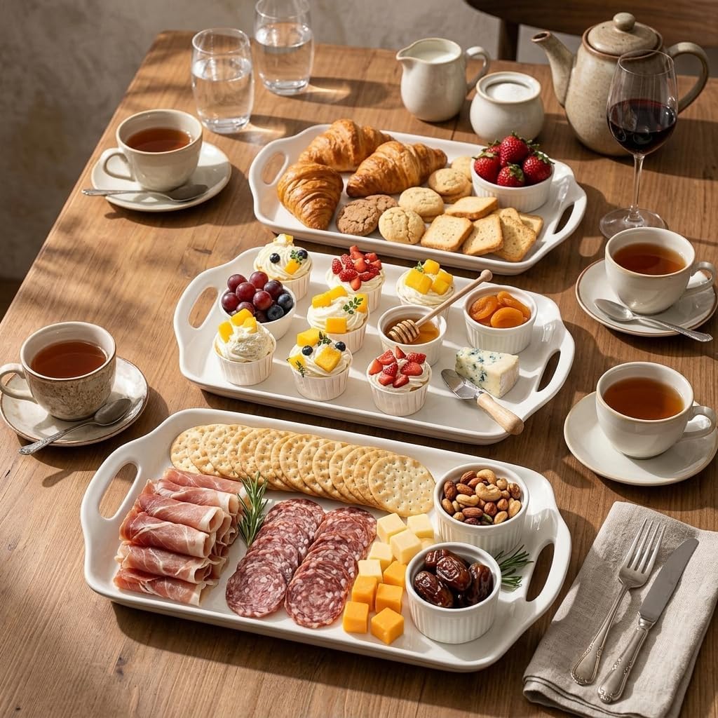 Dizada Serving Tray with Handles 16"x9.5" - White Porcelain Platters 3-Pack, Large Rectangular Serving Platters for Party, Entertaining, Fruit, Turkey, Dessert