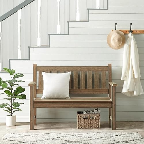 Miniatura 5 de Banco para exteriores, banco de jardín para 2 personas, banco de patio de madera de polietileno para exteriores, porche y parque (marrón claro)