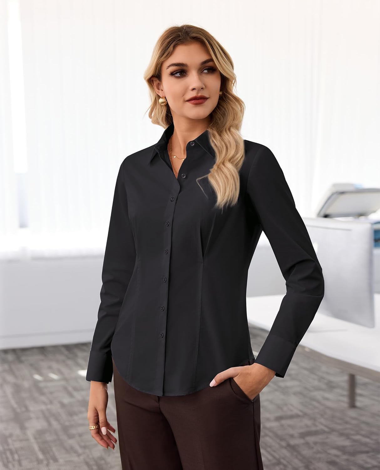 Womens Button Down Shirt Long Sleeve V Neck Classic Collared Button Up Shirt Women Work Business Formal Casual - Image 6