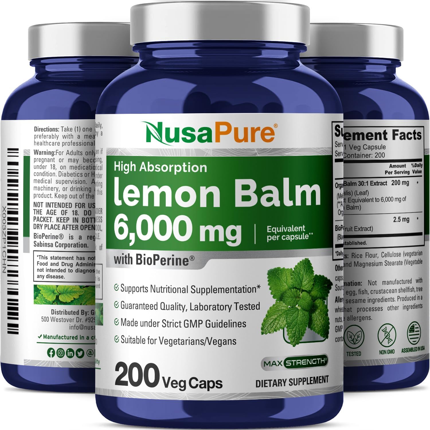 NusaPure Lemon Balm 30:1 Extract, 200 mg Equivalent to 6000mg Per Vegan Caps - 200 Count Non-GMO, Vegan Bioperine - Image 5