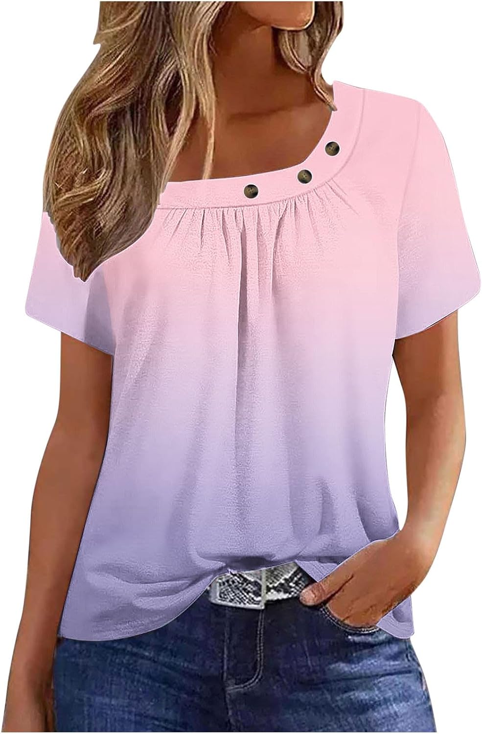 Womens Short Sleeve Summer Shirts Asymmetrical Square Neck Button Blouse Dressy Casual Loose Gradient Tunic Tops
