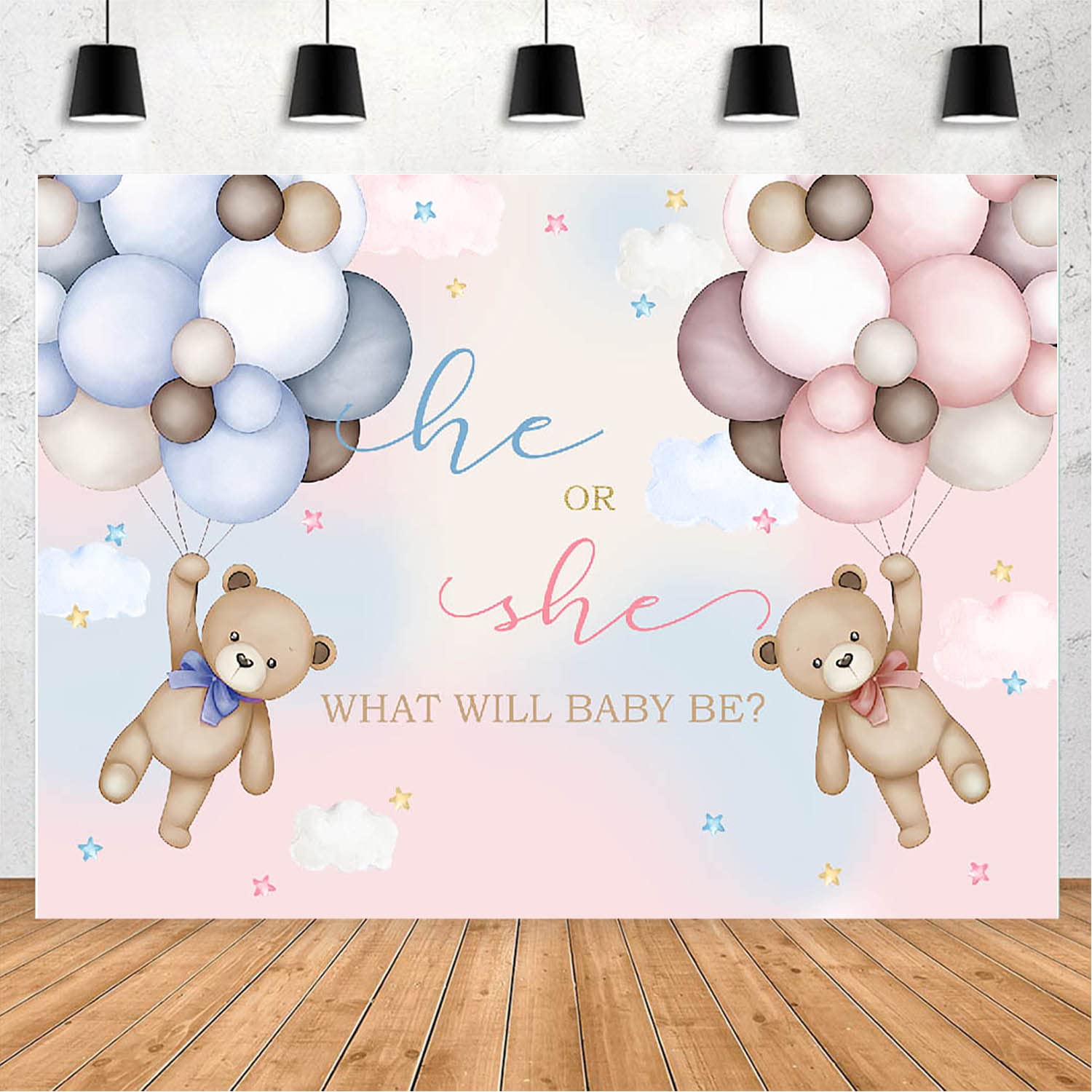 MAYSSKQ Bear Gender Reveal Backdrop Gender Neutral Boho Beige Background Hot Air Balloons We can Bearly Wait Party Backdrops