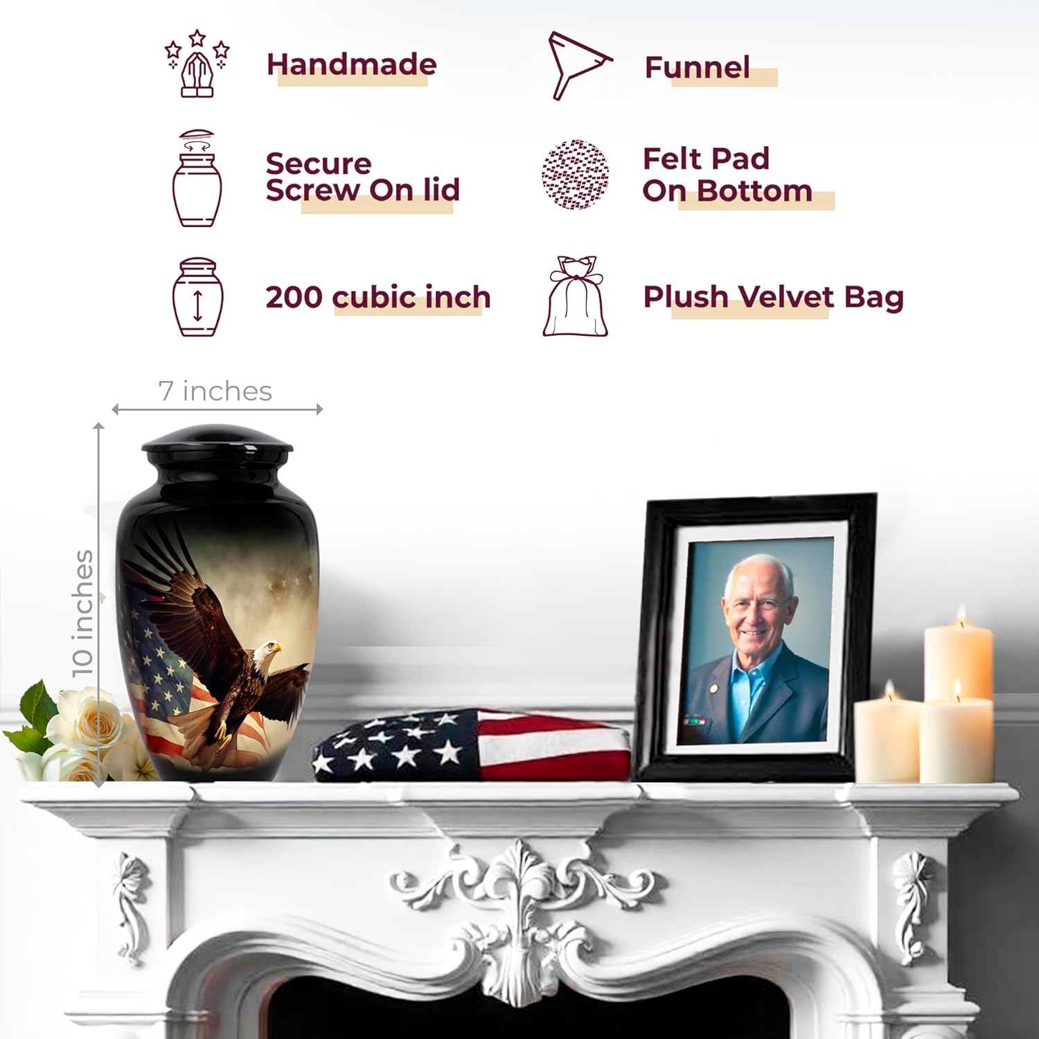 Trupoint Memorials Cremation Urns for Human Ashes, Military and Patriotic Decorative Burial Urn for Verteran Adult Men and Women, Large Black