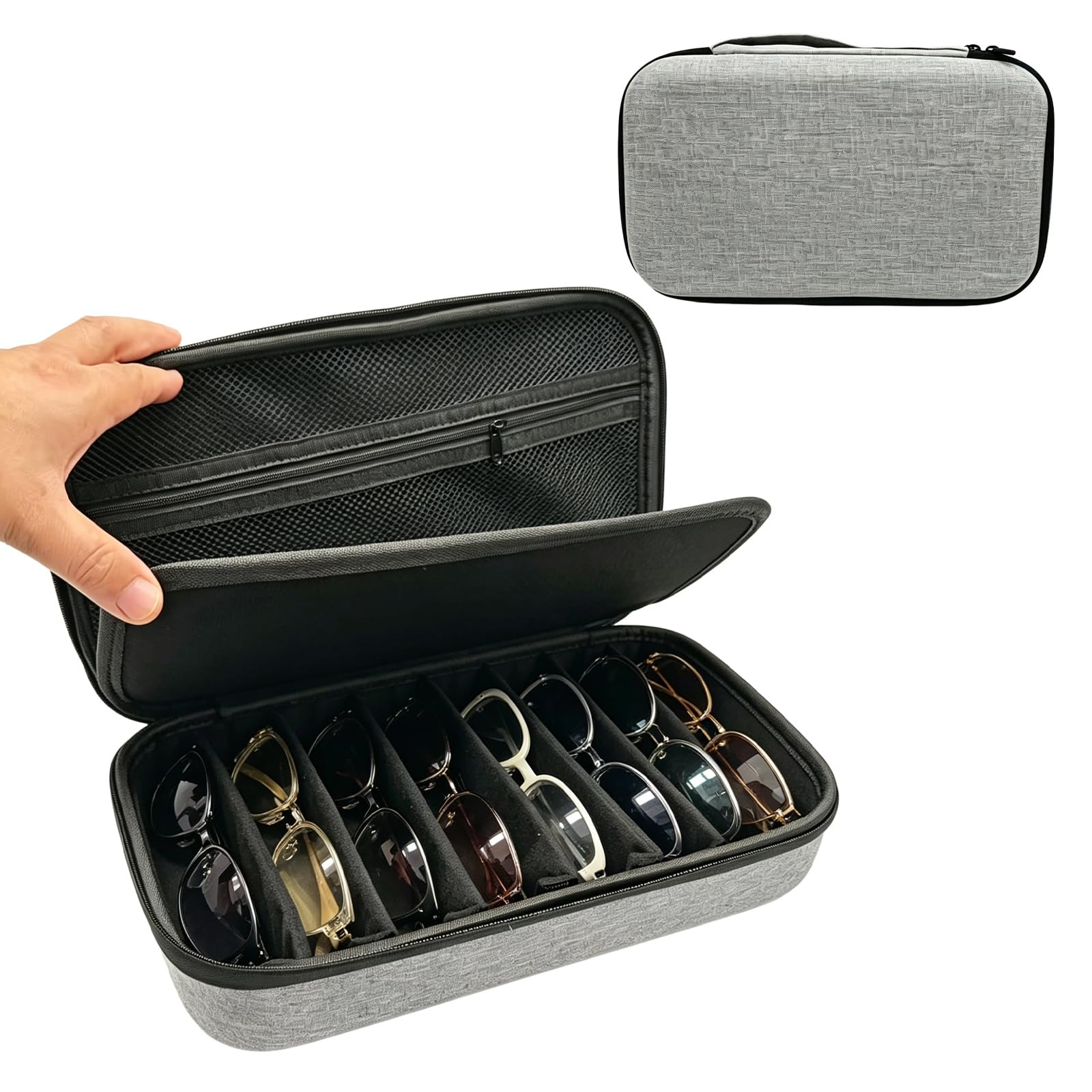 Brillenbox für Mehrere 8 Sonnenbrille Aufbewahrung: EVA Brillenbox für Mehrere mit Einstellbare Fächer, Sunglasses Organizer für Sonnenbrille Aufbewahrung, Uhren, Accessoires