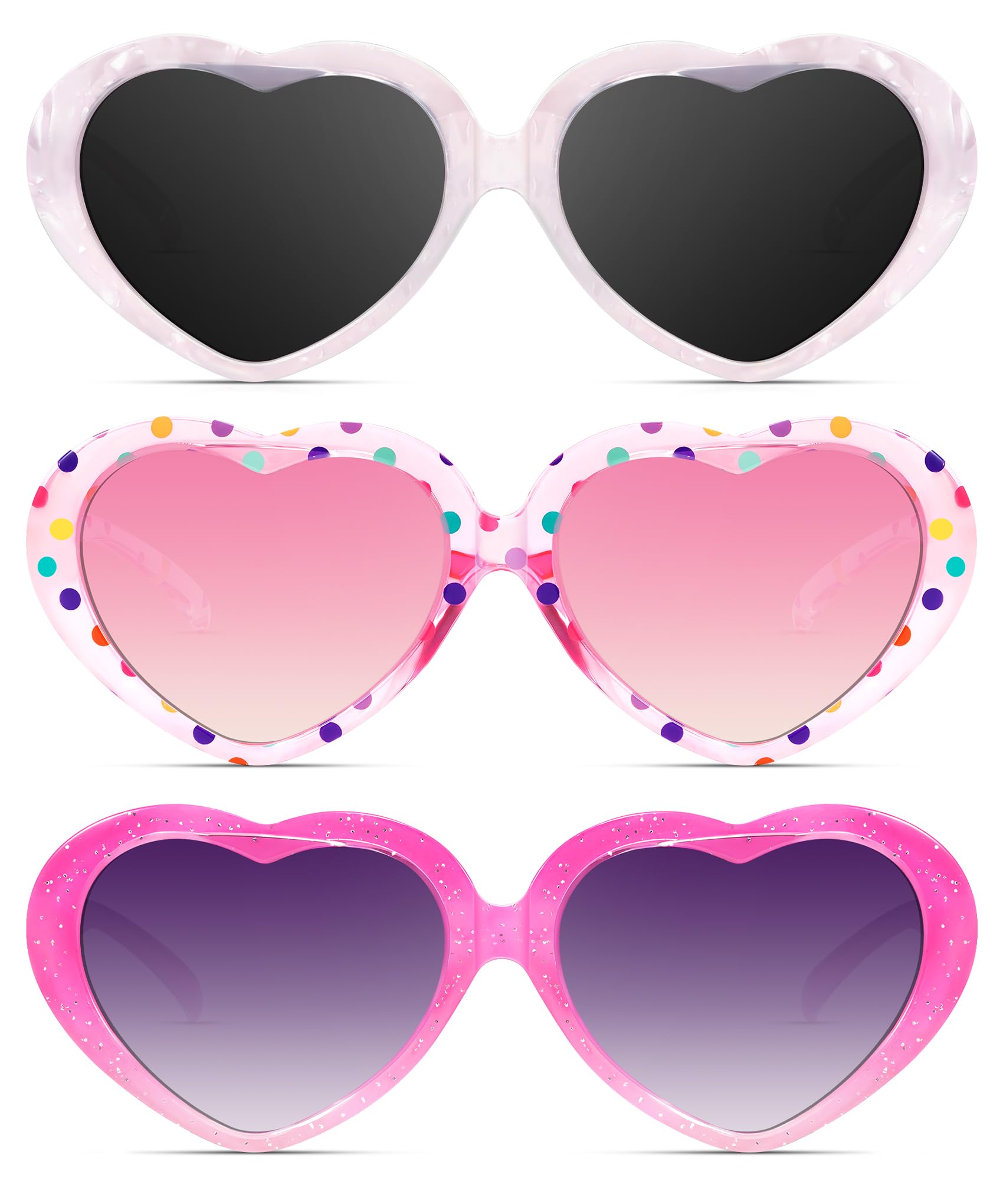 NSSIW Lentes de sol polarizados para niños con forma de corazón: lentes de sol para niños pequeños con protección UV para niñas, jóvenes, niños, paquete de 3 a 12 años
