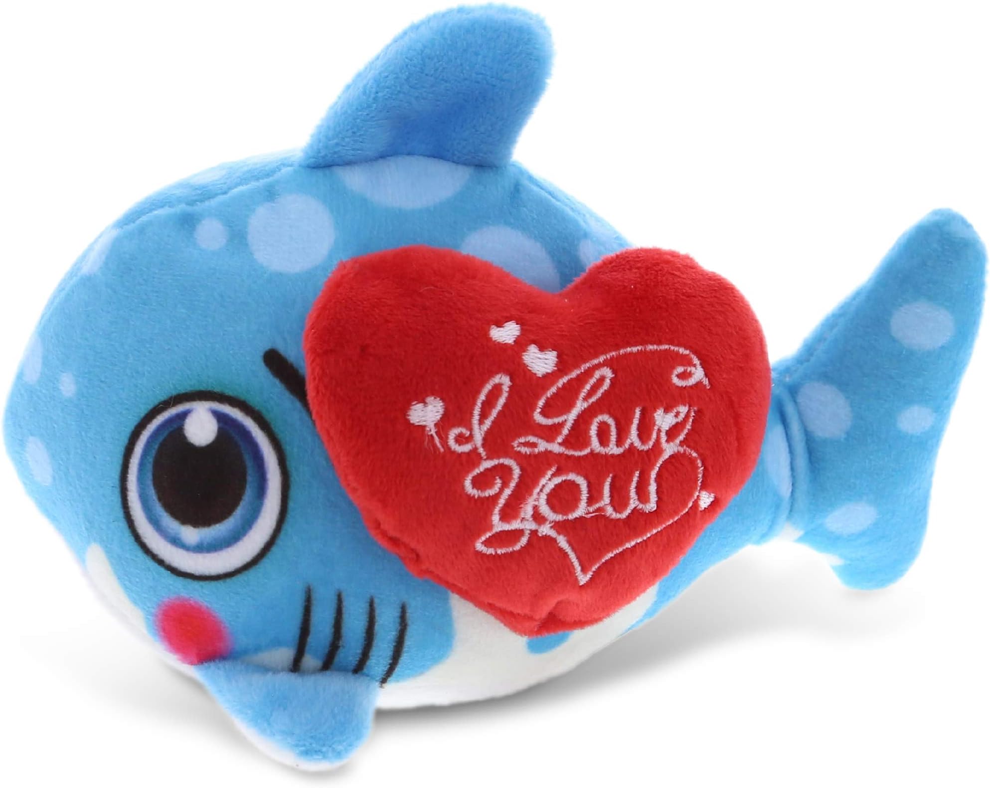 DolliBu I Love You Valentine Plush Blue Shark - Cute Shark Stuffed Animal with I Love You Plush Red Heart and Name Personalization Shark Gift for Valentines Day, Birthday, Romantic Date, 5.5 Inches