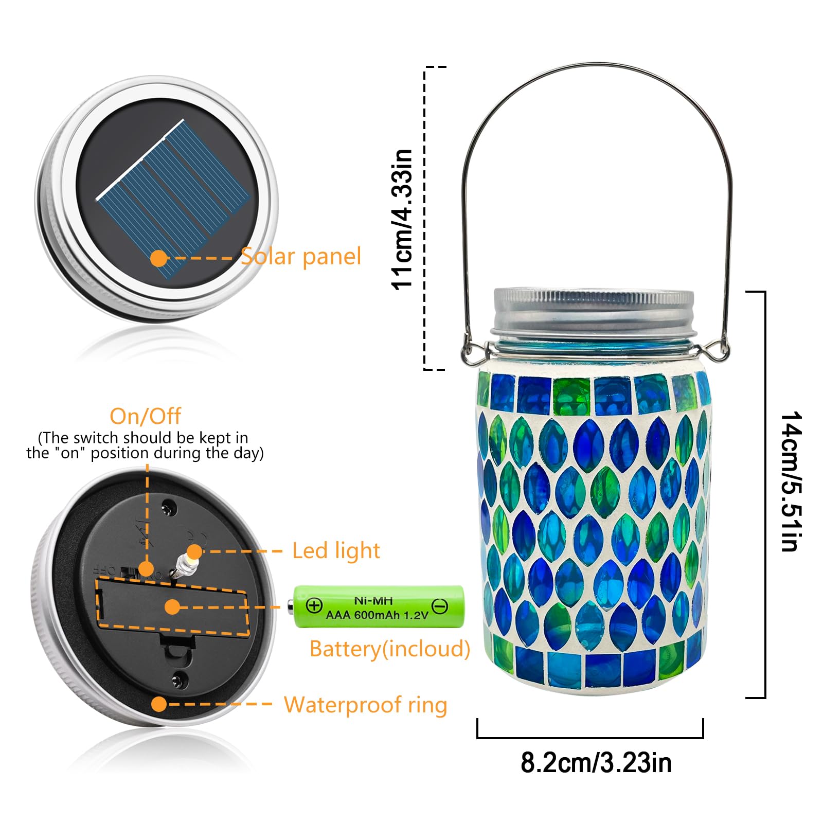 TOTHDATE 2PCS Mosaic Solar Lights Outdoor Garden, On/Off Glass Hanging Solar Mosaic Lanterns Lights IP65 Waterproof for Table Lawn Path Courtyard Deck Fence, Blue Mosaic Glass — view 7