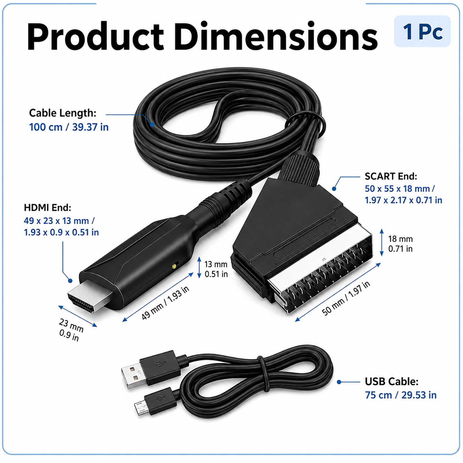 SCART auf HDMI Konverter 1080P 720P, Scart zu HDMI Adapter mit USB Stromversorgung, Video Audio Converter für VHS VCR DVD Player Set Top Box zu HDTV Fernseher Monitor Projektor, PAL NTSC SECAM
