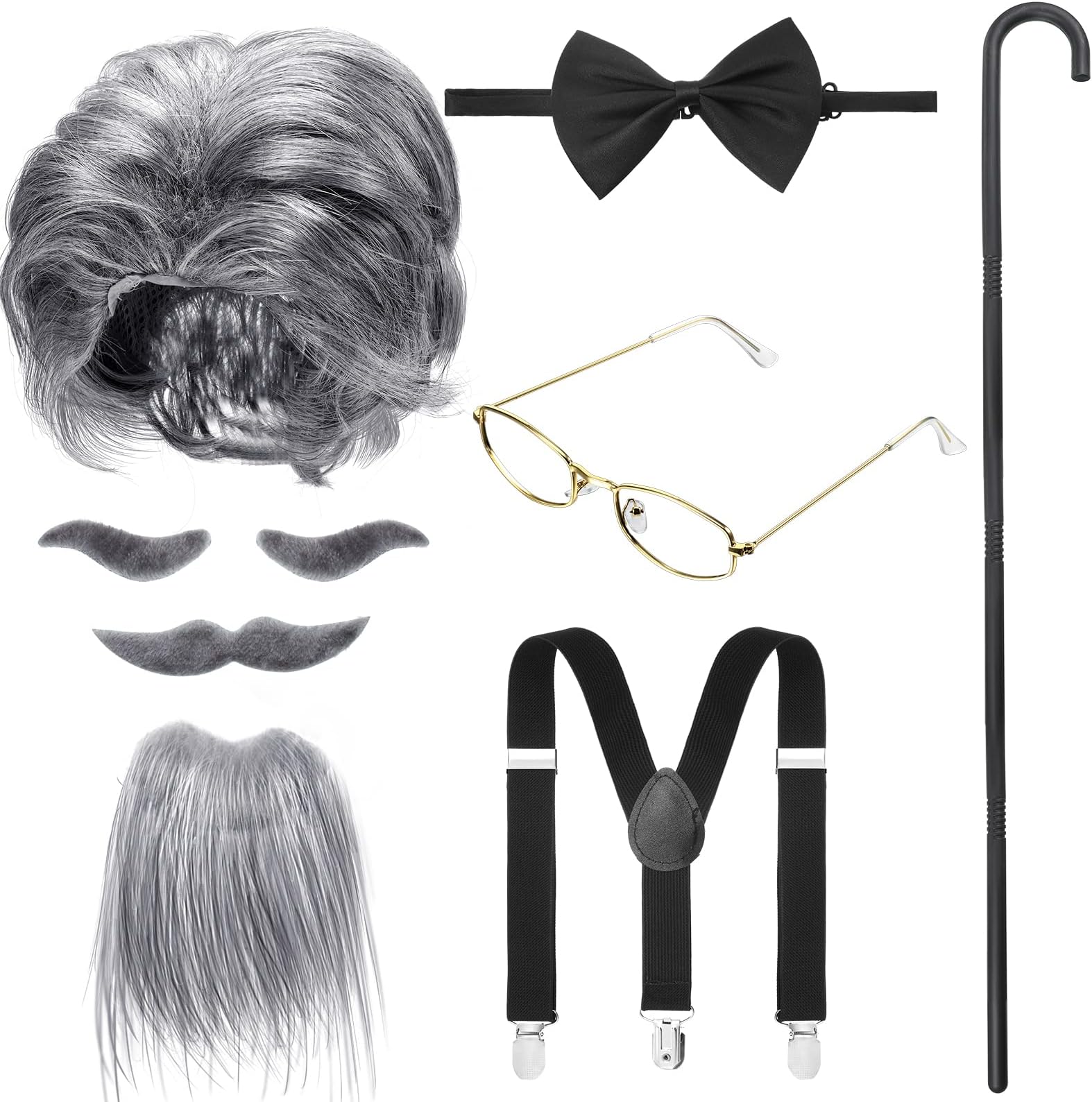 WILLBOND 8 Pcs Old Man Costume, Old Man Wig, Cane Glasses Faux Eyebrows Mustache Suspenders Bow Tie for Grandpa Cosplay