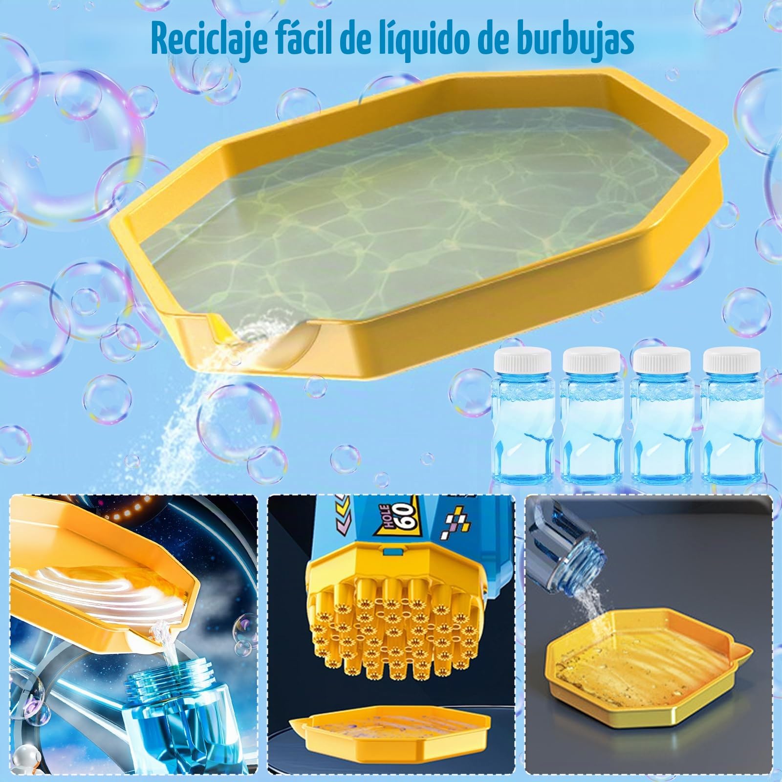 Pistola de Burbujas, 2 Piezas Máquina Automática Pompas de Jabón, con 4 Botellas de solución, 10 Packs Solución de Recarga de Burbujas, para Niños, Adultos, Juguete de Verano
