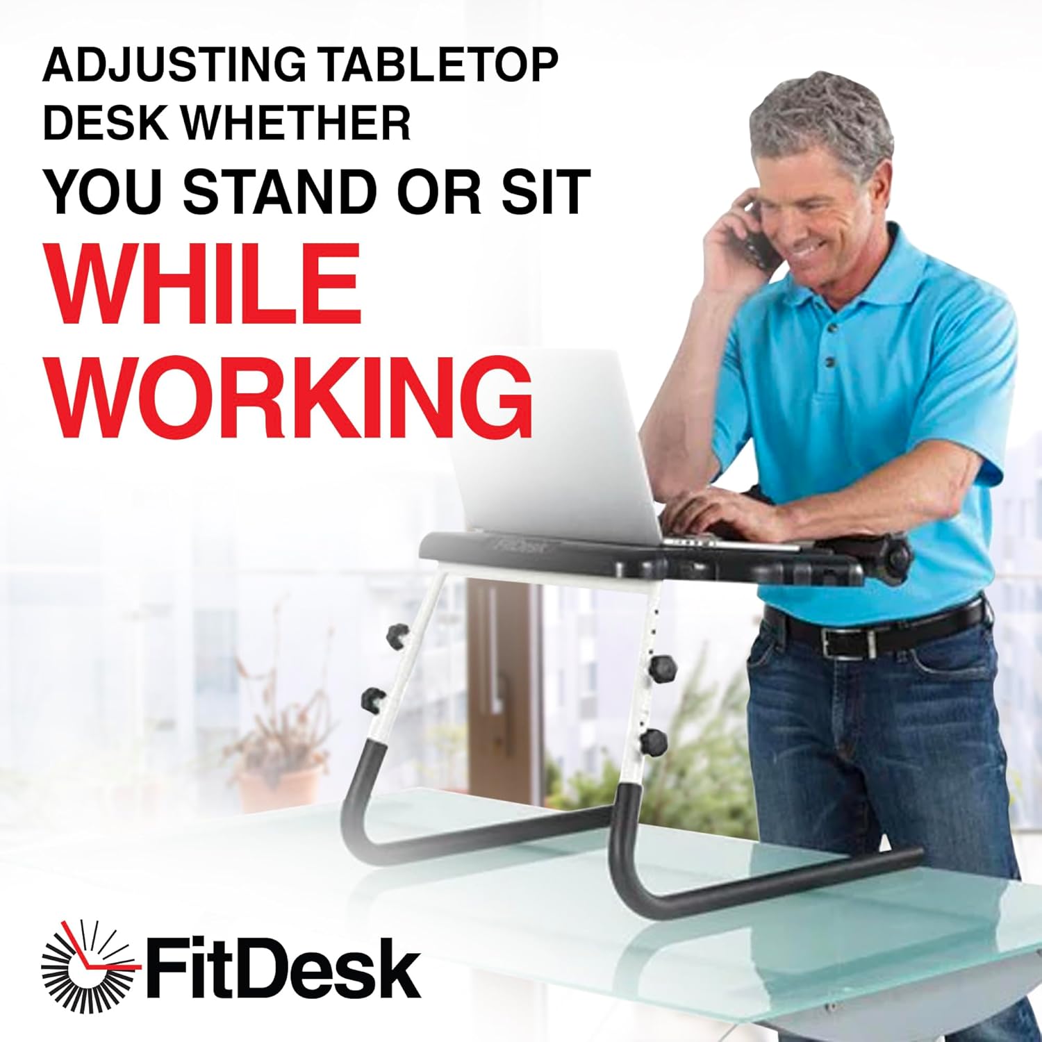 FitDesk Portable Standing Desk Converter with Massage Rollers & Forearm Supports, Adjustable Height Workstation 11" to 20", Ergonomic Stand-Up Desk with Non-Scratch Grip Legs, White
