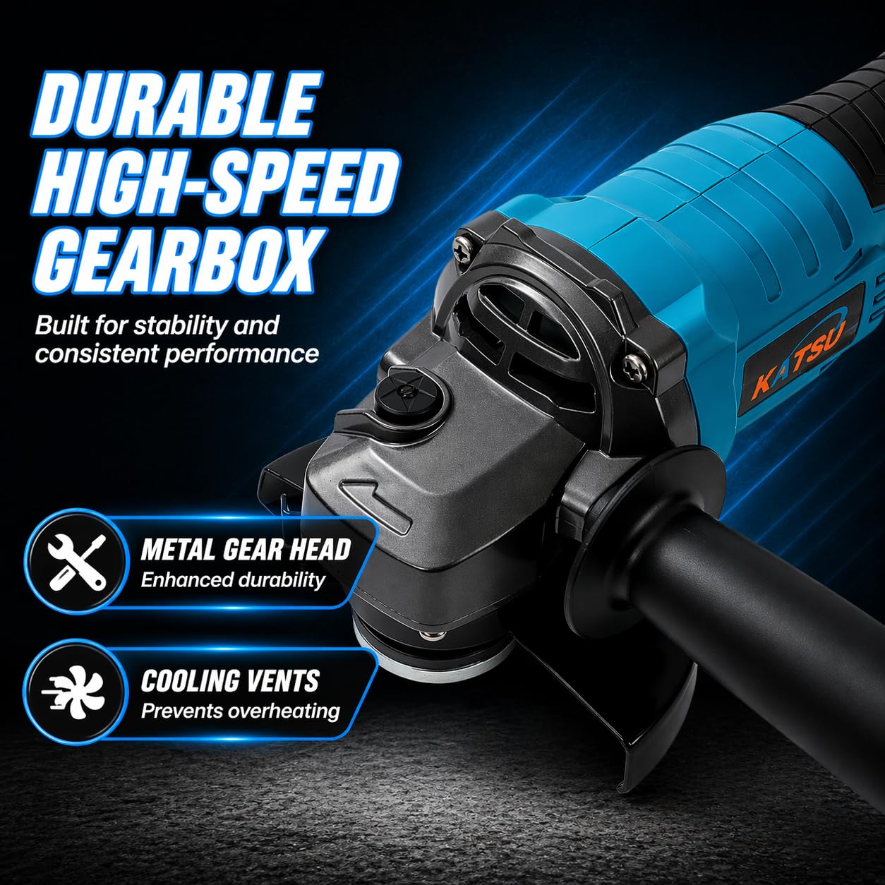 Amoladora Angular Inalámbrica Brushless 21V KATSU FIT-BAT, 115mm con Motor sin Escobillas para Cortar Pulir, 3 Velocidades, Baterías no Incluidas (Solo Máquina) 102606
