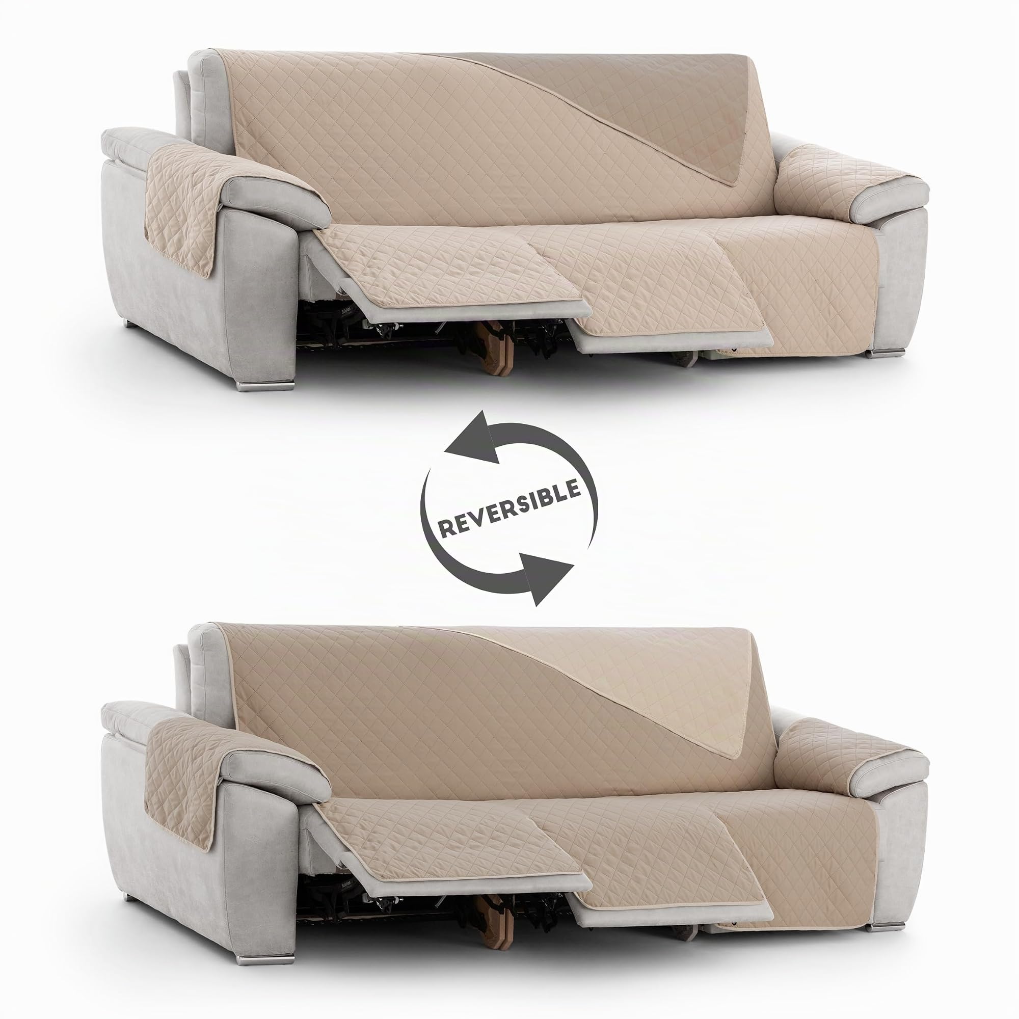 Milica Funda sofá Relax Acolchada Reversible 3 plazas con 3 Aperturas | Cubre sofá Lavable diseño Liso en poliéster Suave | Protección práctica para Casas con niños o Animales | Color Marfil Neutro