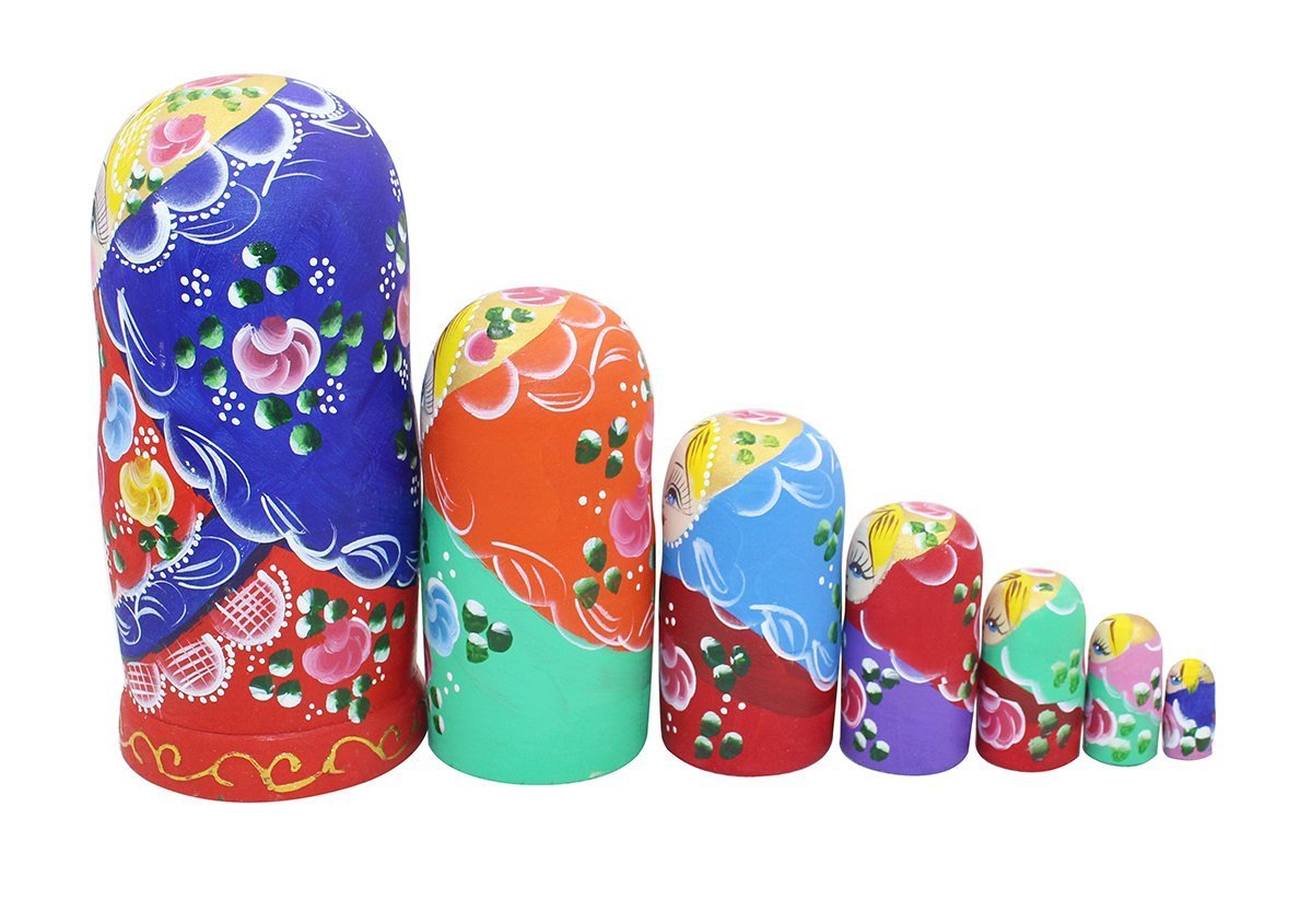 Set 7 Stück ländlicher Stil blondes Mädchen Blume mehrfarbig traditionelle russische Nesting Puppen handgefertigt Matrjoschka Puppe Holz Stapelspielzeug Kinder Spielzeug Geschenk