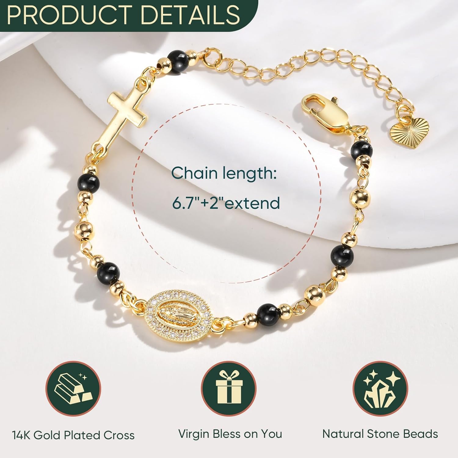 Women's Gold Virgin Mary Bracelet - 14K Gold Plated Religious Cross Bracelet,Dainty Golden Non Tarnish Virgen De Guadalupe Natural Stone Beaded Jewelry,Catholic Faith Baptism Confirmation Gift for Her - Image 4