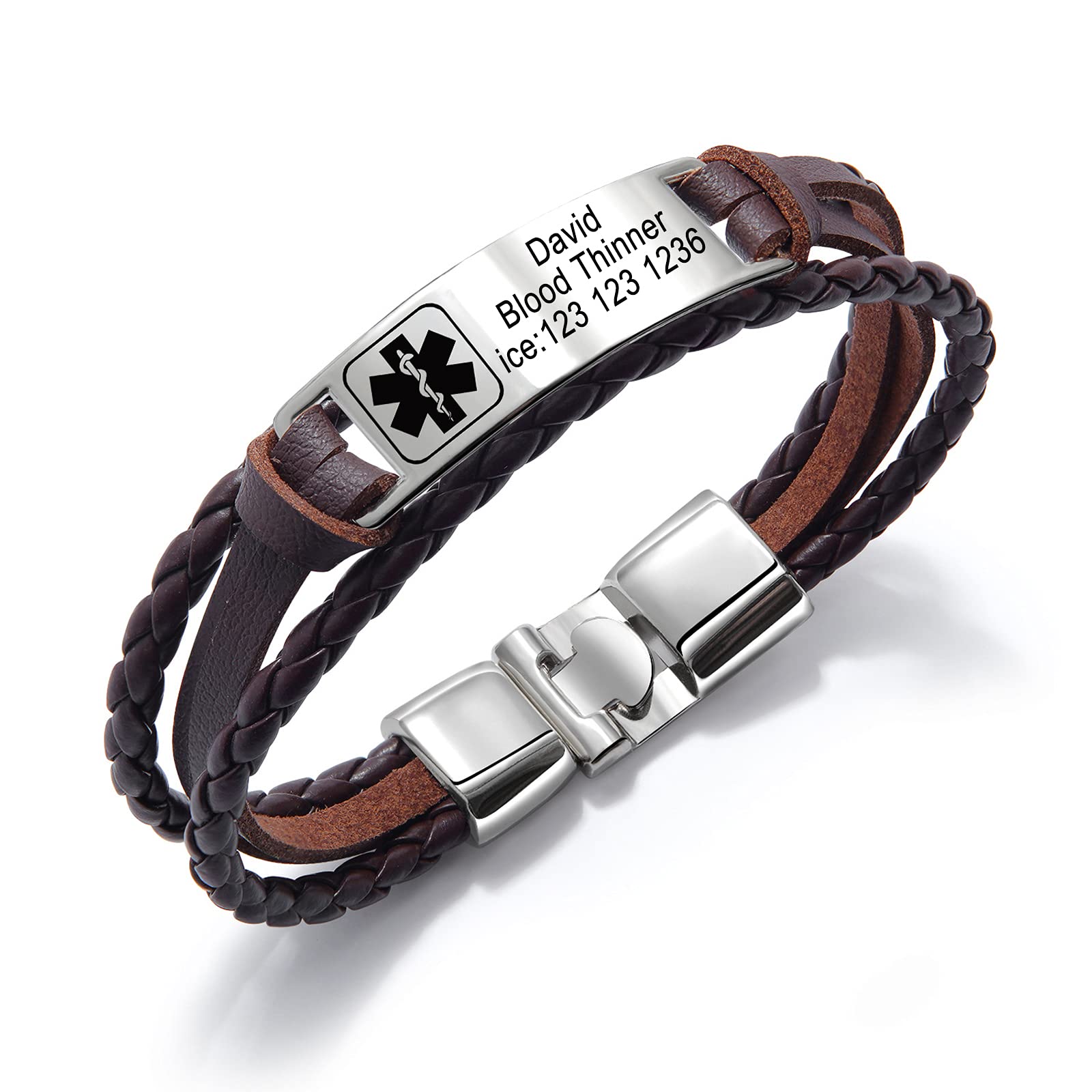Custom Carved Men's Medical Alert Bracelet, Leather Braided Rope Stainless Steel Medical Bracelet, Medical Id Bracelet Free Engraving 7.8 Inches