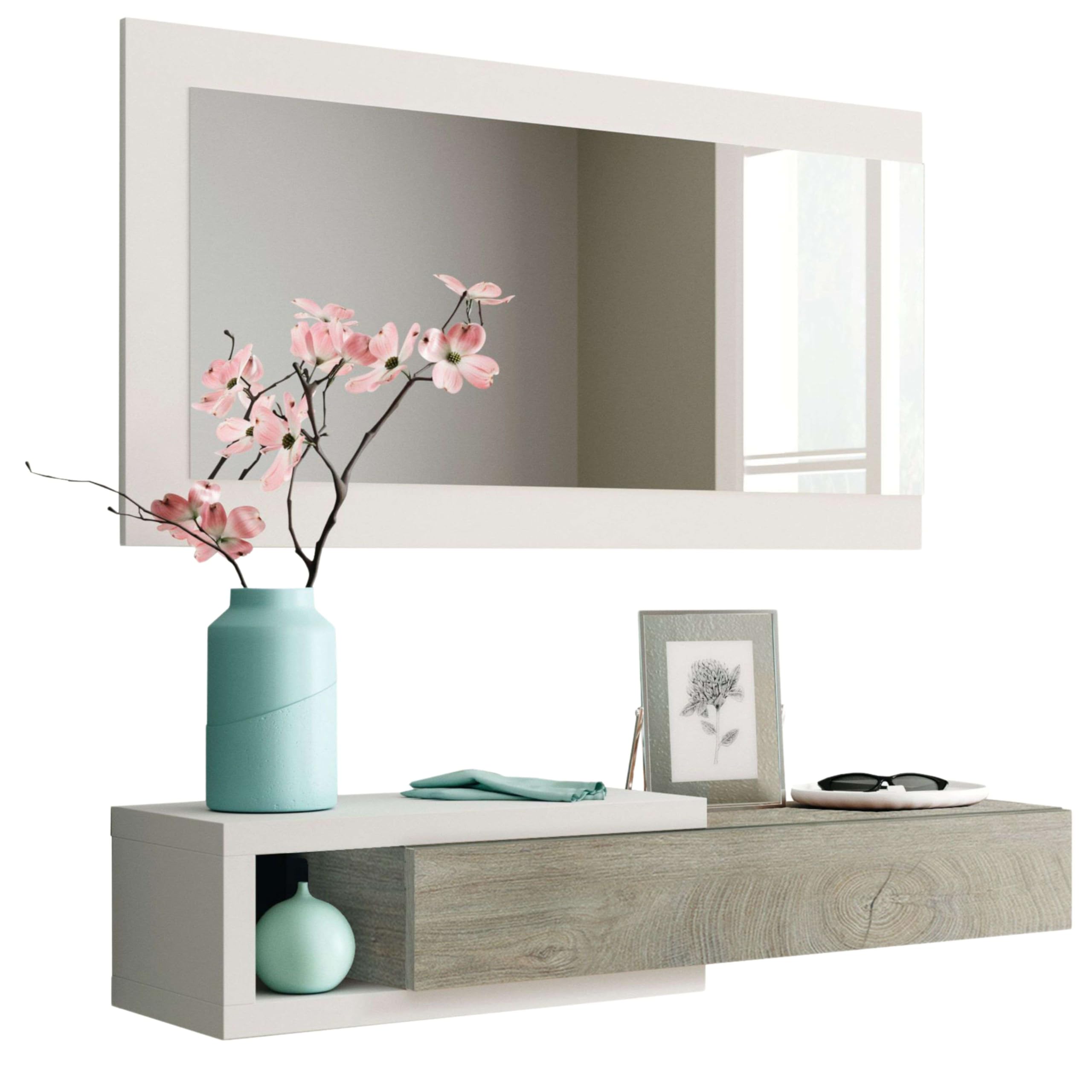 Habitdesign Recibidor con Cajon y Espejo, Mueble de Entrada, Modelo Noon, Acabado en Blanco Artik y Roble Alaska, Medidas: 95 cm (Ancho) x 19 cm (Alto) x 26 cm (Fondo)