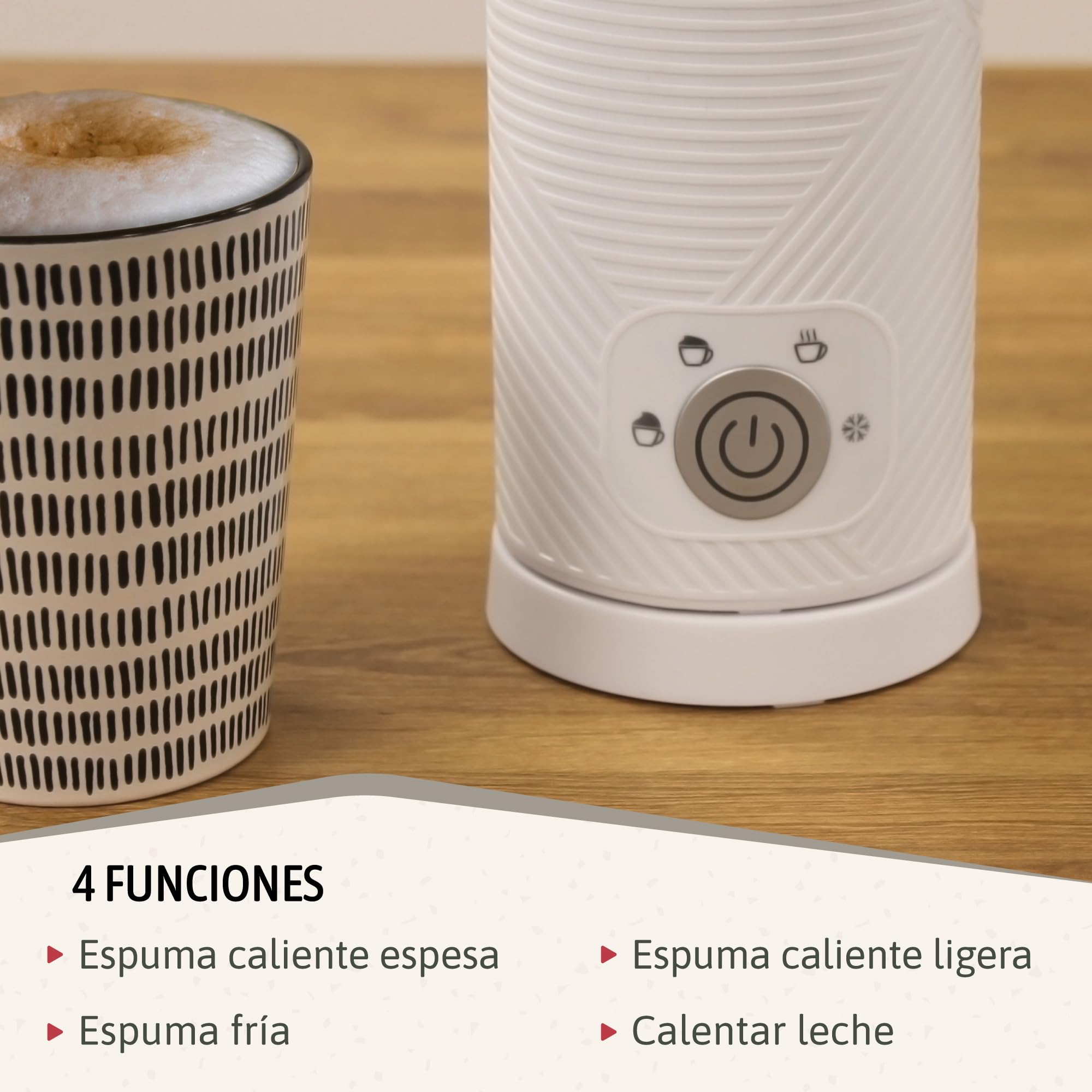 briebe Elegance Espumador de Leche Eléctrico Calentador 4 en 1, Espuma Fría/Caliente 130ml para Café Latte, Capuchino, Macchiato, Leche Caliente 300ml, Milk Frother, Libre BPA, 500W, Diseño Blanco