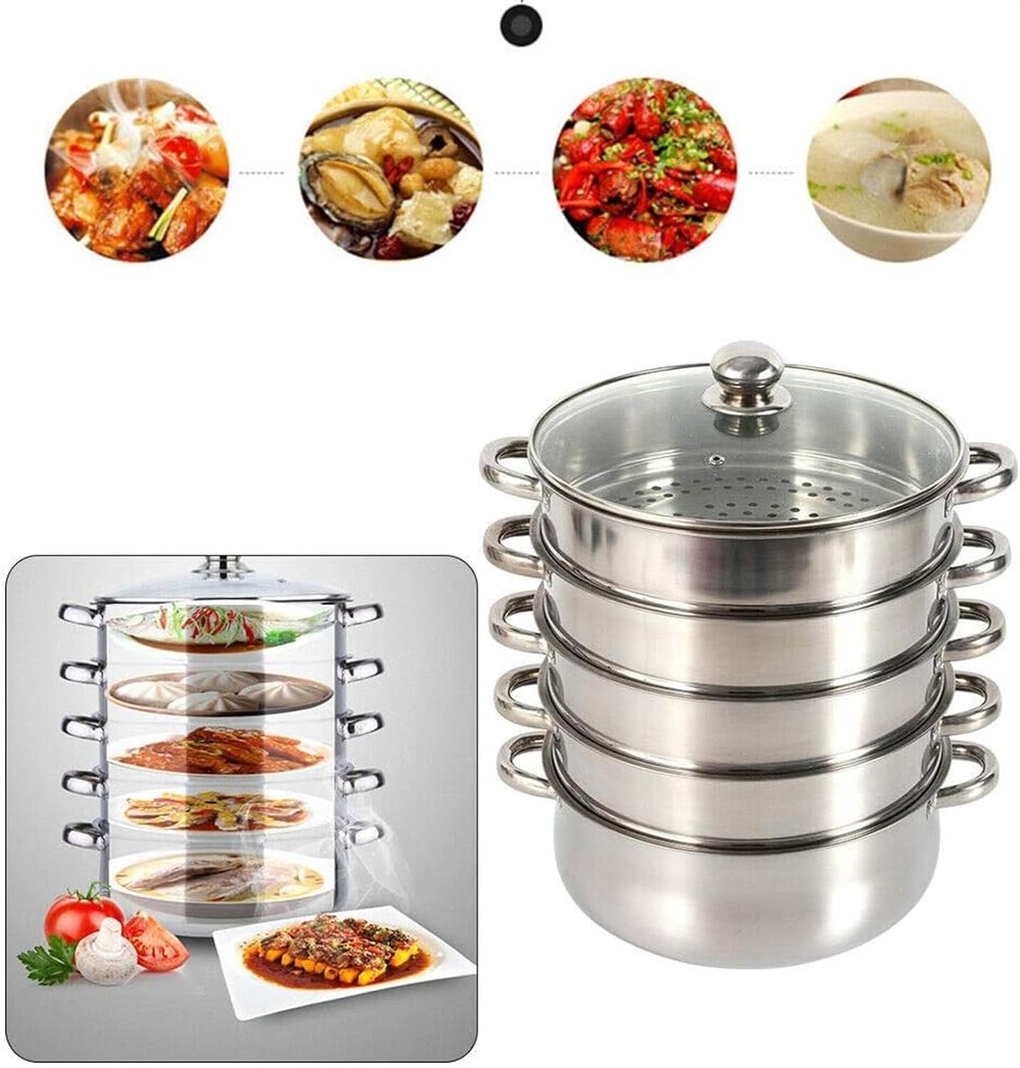Vaporera de acero inoxidable de 5 niveles con tapa de vidrio, diseño apilable para cocinar versátil en la estufa