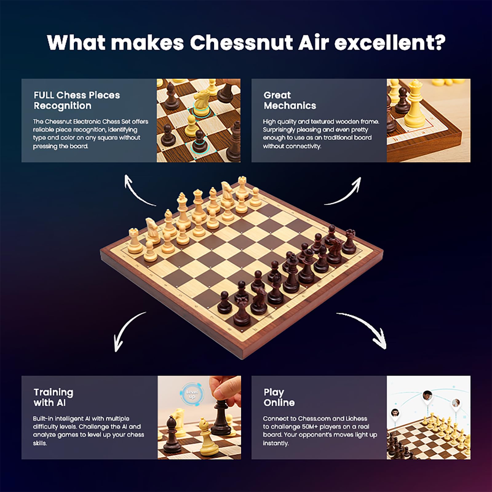 Chessnut Air Electronic Chess Set, una scacchiera in legno magnificamente realizzata a mano con regine extra, LED, set di scacchi elettronici adattivi AI e app con scacchiera per computer