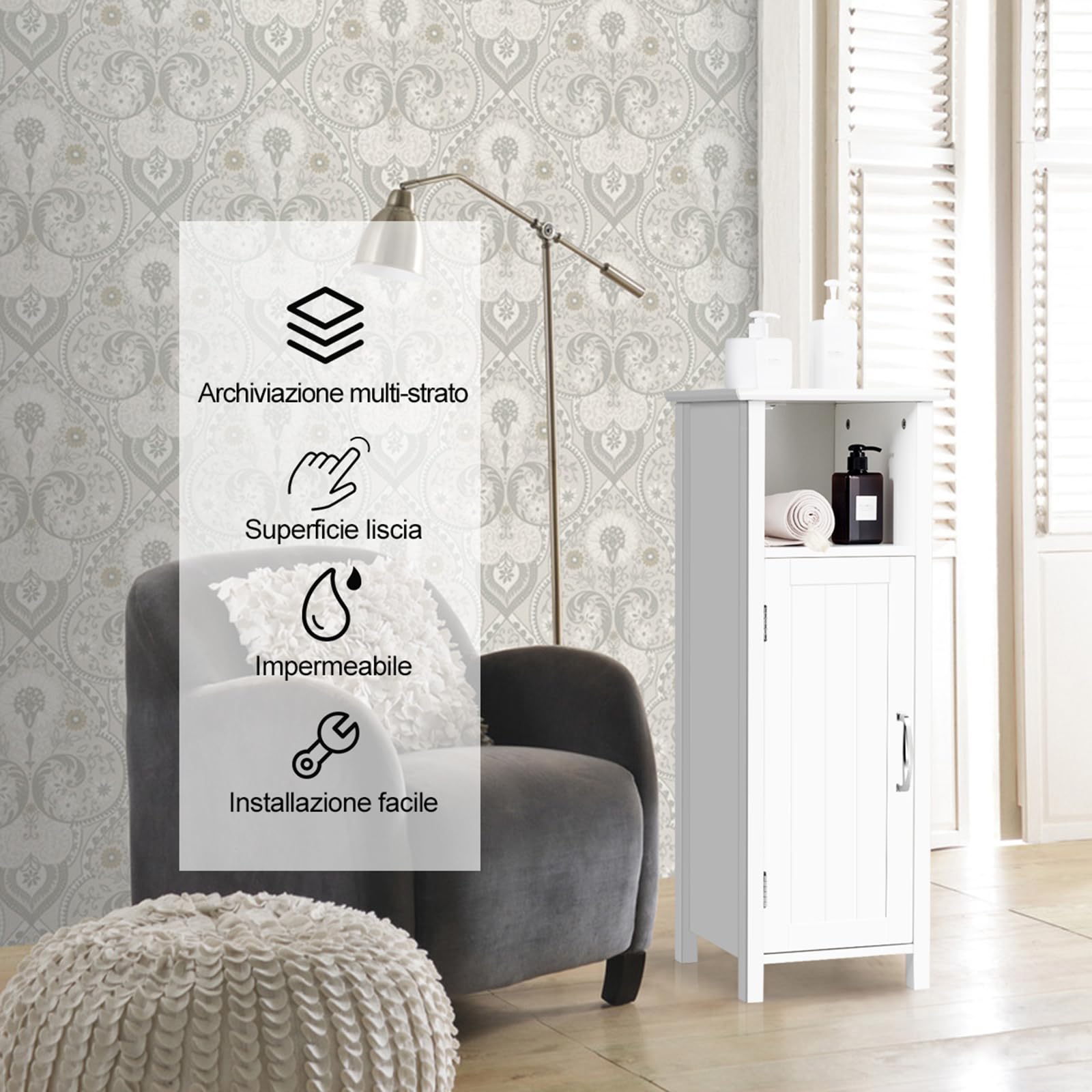 COSTWAY Mobile Bagno 30 x 30 x 80cm, Armadietto Salvaspazio in Legno con Ante e Ripiani Regolabili per Cucina, Soggiorno e Corridoio, Mobiletto Spazioso (Bianco)