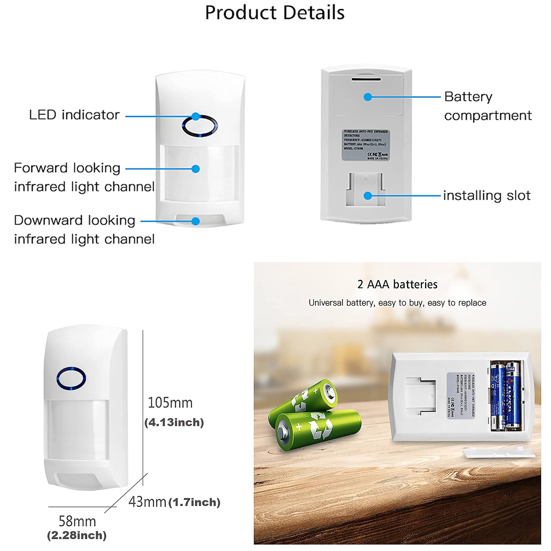Sensor de movimiento inteligente inalámbrico: alerta de detector de movimiento PIR, sistema de alarma de seguridad infrarrojo WiFi para el hogar, control de aplicación TUYA, no requiere concentrador,