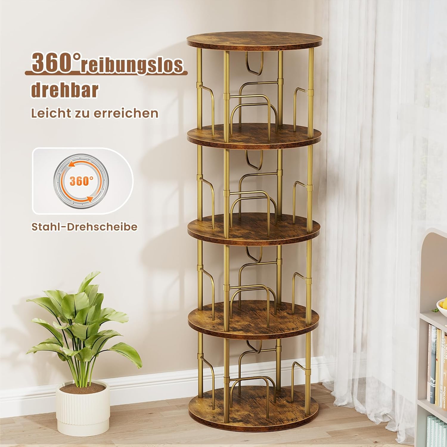 360° Draaibare boekenkast, roterende hout boekenplank, staand rek, kinderboekenrek, hoekboekenkast, Opbergorganisator Kastrek Boekendisplayrek voor slaapkamer, kinderkamer, woonkamer (C, 5 Niveaus