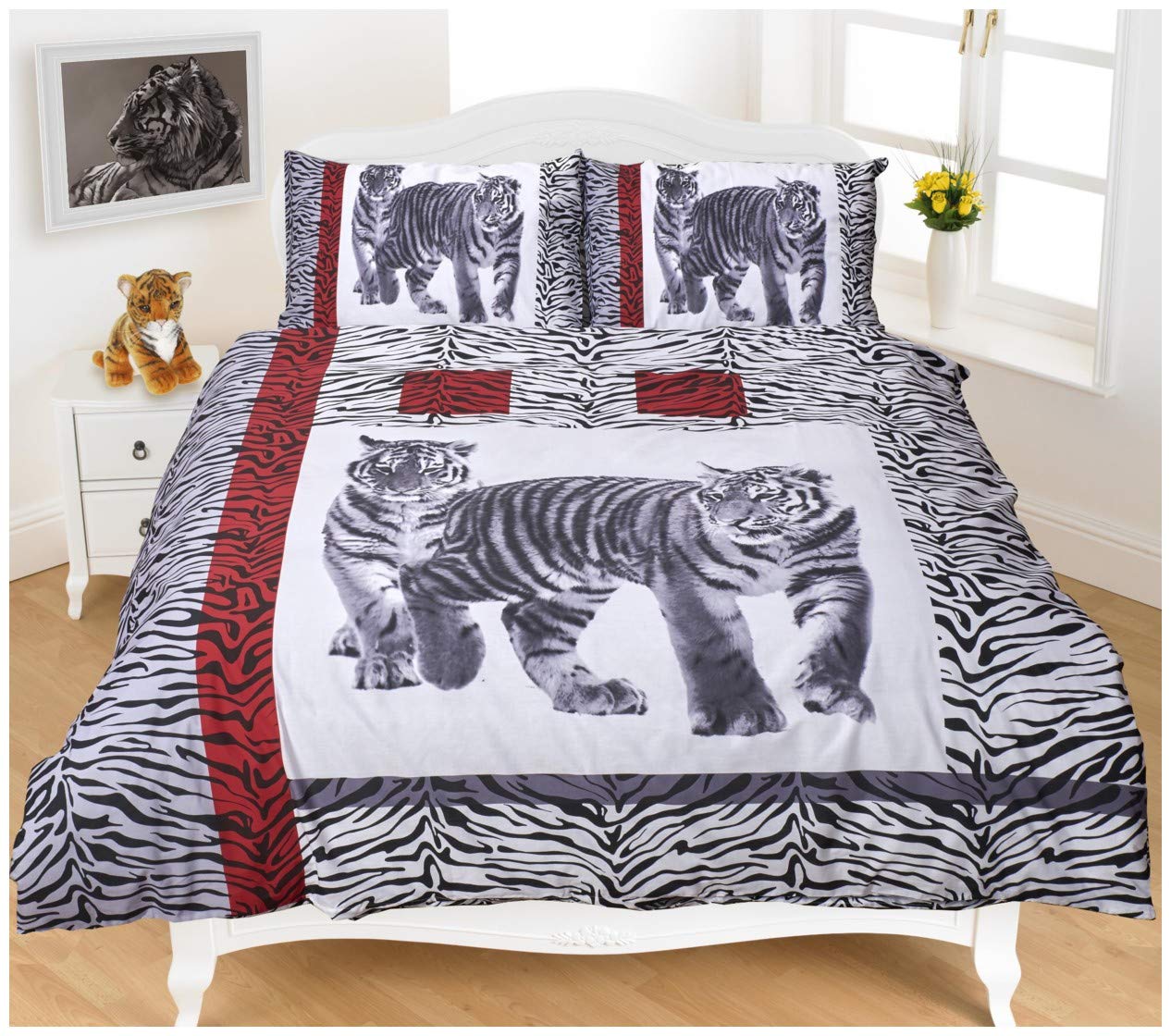 Goldstar® Polycotton Animal Printed Floral Duvet Quilt Cover Bedding Set, White Tiger Super King Size