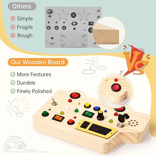 Miniatura 3 de Montessori - Tabla de actividades de viaje, juguetes sensoriales con luces LED, tablero de madera para automóvil con diseño de doble cara, juguete