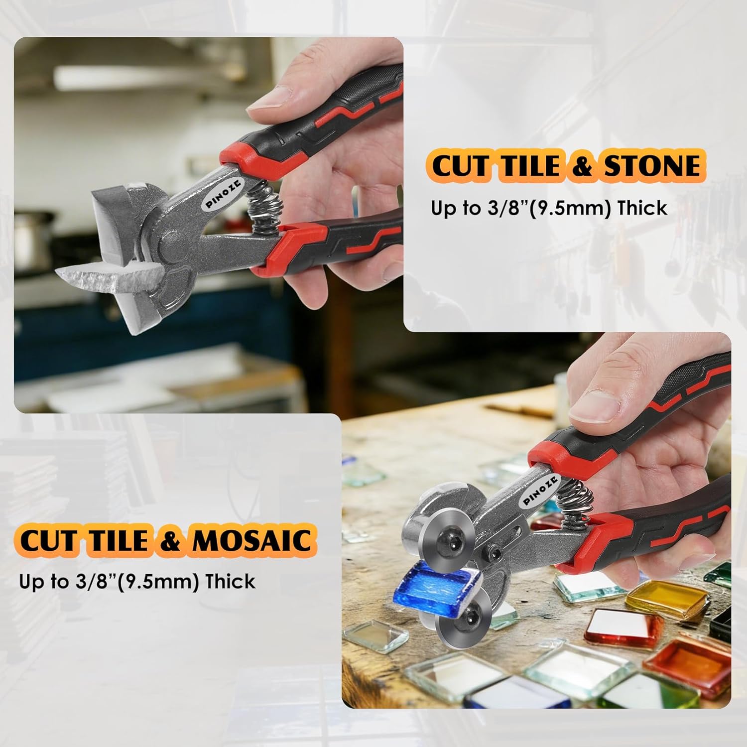 PINOZE 2-Piece Glass Tile Nippers Set - Heavy Duty Wheeled Glass Mosaic Nipper & Hd Ceramic Tile Cutter Pliers with Handle Lock - Shapping Pliers Cutting Tools, Stone, Metal