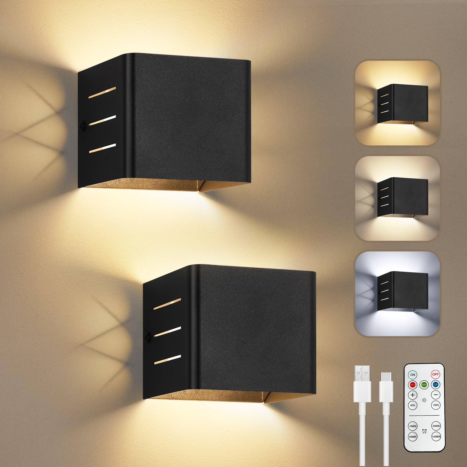 Dehobo Applique da Parete Interno - Appliques LED da Muro Camera da Letto - Moderno Luce Senza Fili da Parete Nero Interni 150LM 1.5W 3000K 4000K 6000K per Soggiorno, Bagno, Corridoio - 2 Pezzi