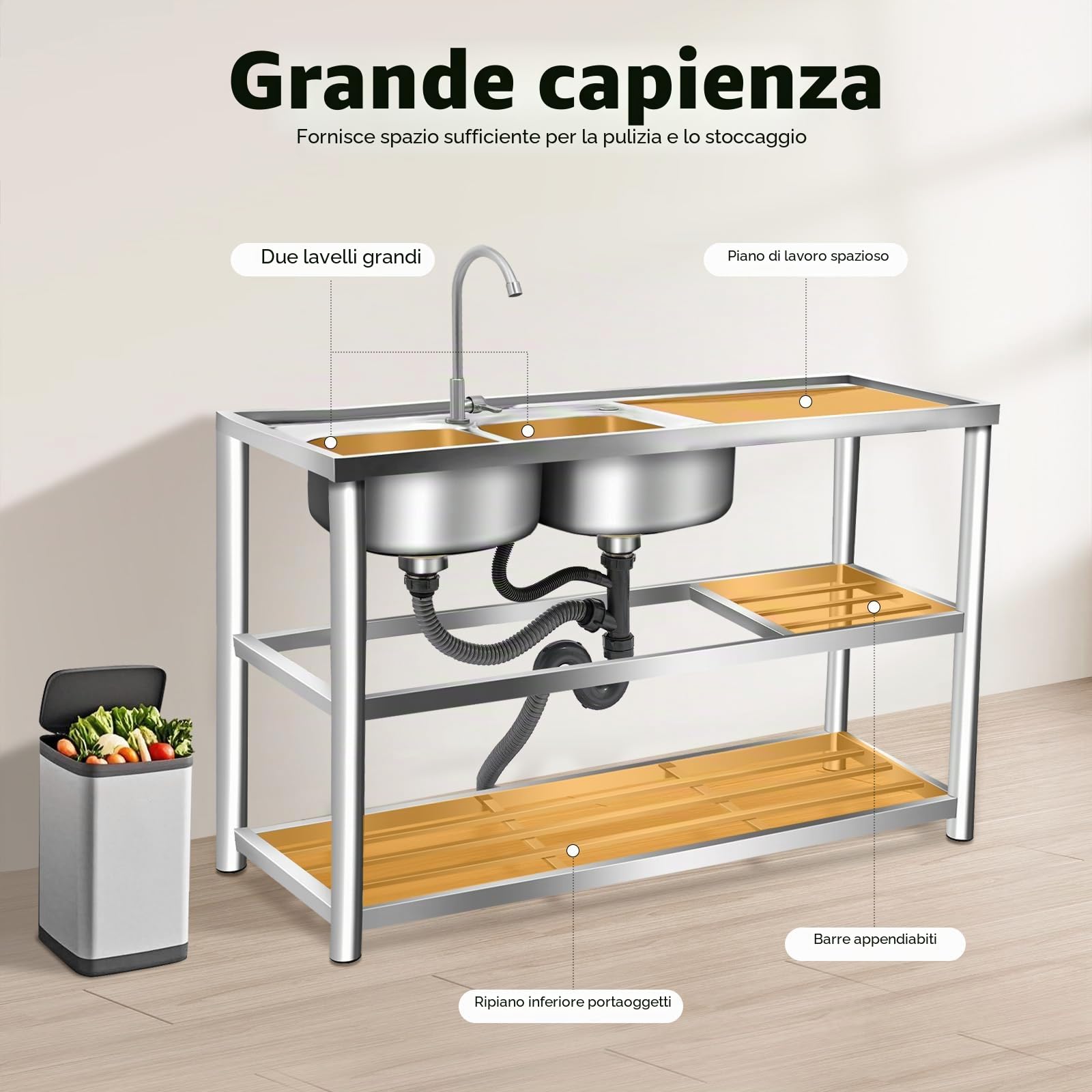 Lavandino da cucina indipendente 2 ciotole doppio lavello da cucina in acciaio inox con rubinetto, supporto e dispositivo di scarico, per esterni, interni, cucina, ristorante