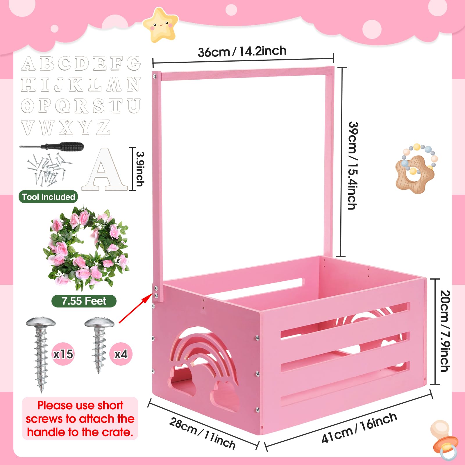 Yerliker Caja de almacenamiento de madera para baby shower con asa, guirnalda de 26 letras, caja de regalo para niñas y niños, regalos de embarazo (rosa)