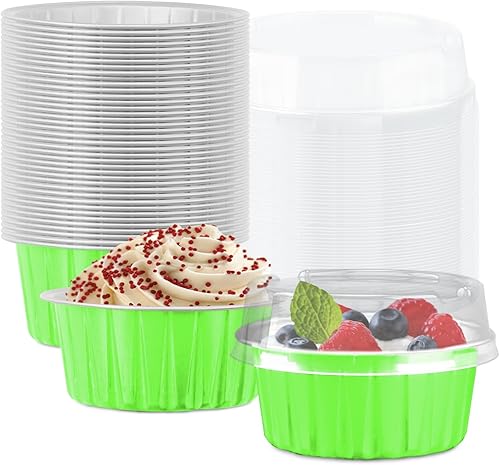 Paquete de 50 tazas para hornear con tapas, moldes de papel de aluminio para magdalenas, moldes de papel de aluminio desechables, soportes para