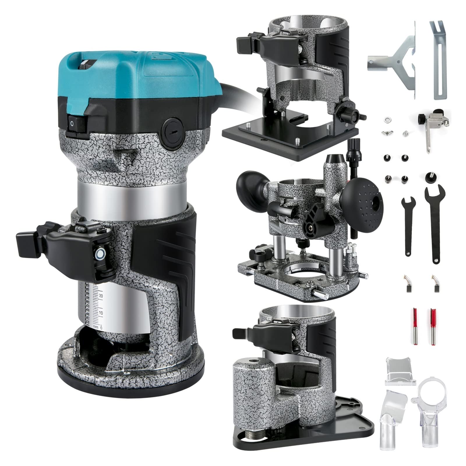 Woodworking Electric Trimmer Hand Wood Router Machine Power Carpentry Tools for Trimming Slotting Milling Grooving Carving(4 Bases-A)