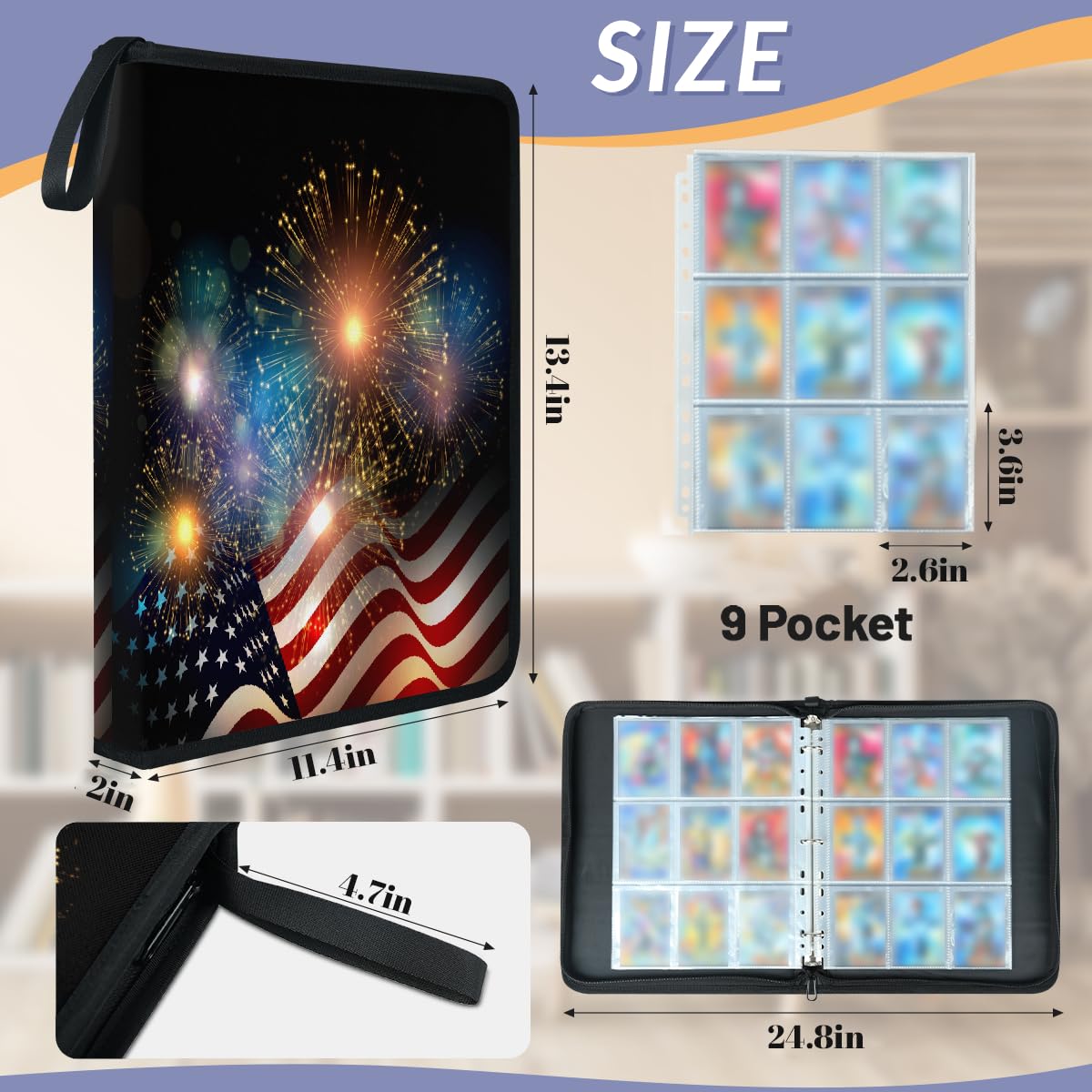 Raccoglitore per carte collezionabili con 9 tasche per il 4 luglio, cartella per carte con bandiera americana, fuochi d'artificio, con maniche rimovibili, impermeabile, con cerniera, 50 pagine