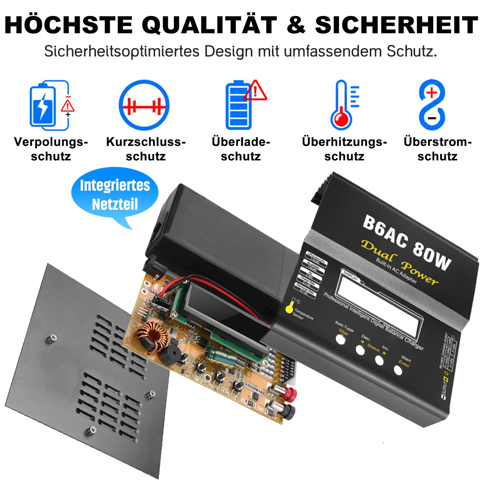 HTRC B6AC 6A LiPo Ladegerät Balancer 80W RC Akku Ladegerät für LiPo/Li-Ion/LiFe (1-6S), NiMH/NiCd (1-15S), PB (2-20V), LED-Display, 5 Speicherprofile, Metallgehäuse, XT60/T-Stecker/Tamiya/Krokoklemmen
