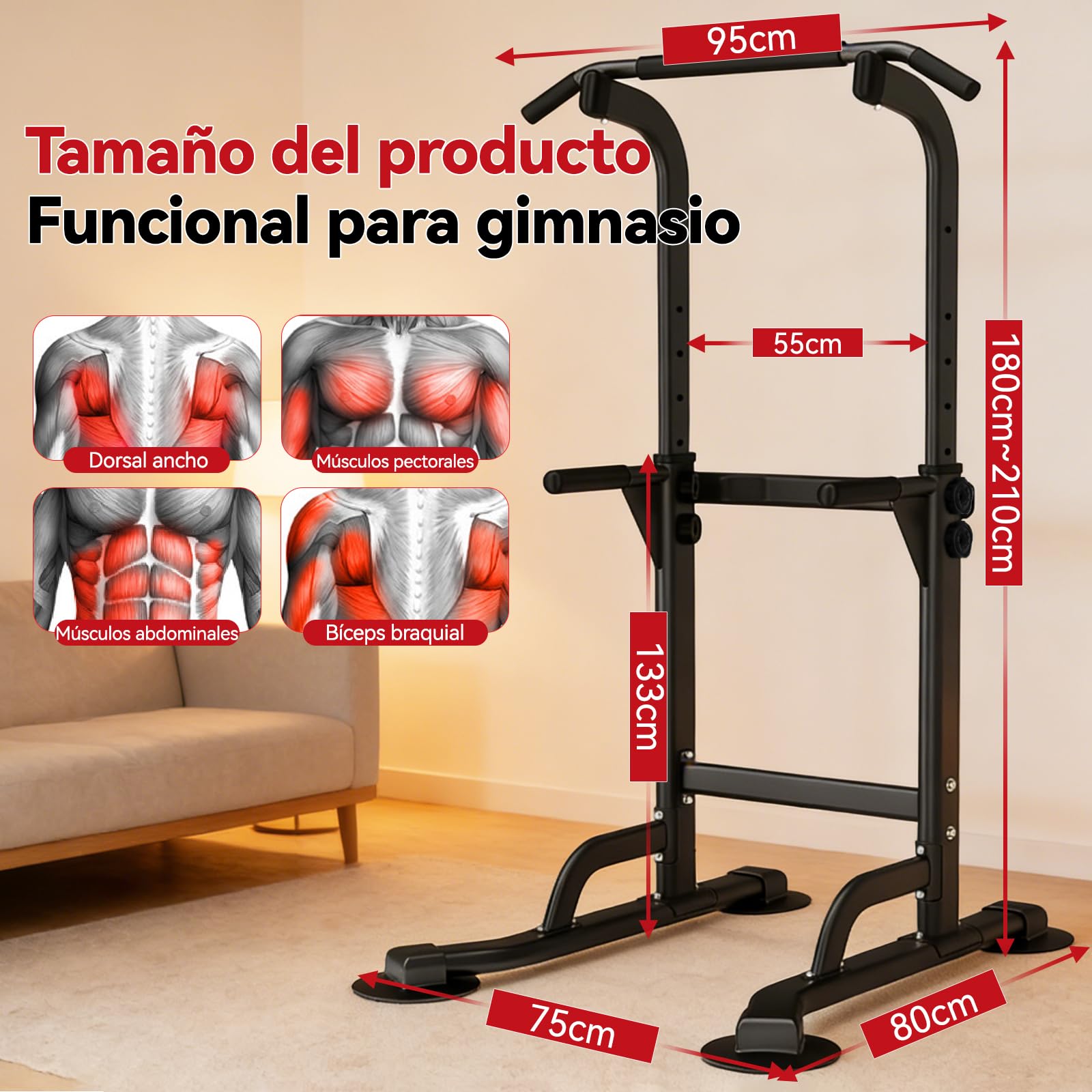 WATBKHE Power Tower, Barra de Dominadas con Estación de Fondos | Estación 4 en 1 para dominadas, fondos, flexiones y elevaciones de rodillas, ajustable en 12 alturas, con base en H, 120kg