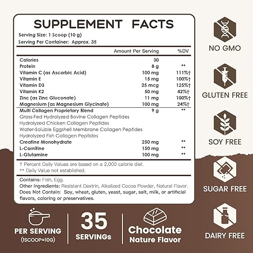 Miniatura 8 de NATURE TARGET Paquete de péptidos de colágeno múltiple en polvo, chocolate y vainilla, colágeno hidrolizado para mujeres y hombres con creatina,