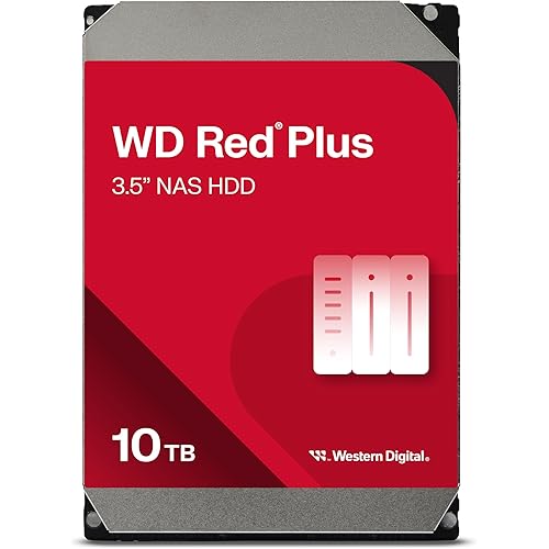 Western Digital 10TB WD Red Plus NAS Internal Hard Drive HDD - 7200 RPM, SATA 6 GB/s, CMR, 512 MB Cache, 3.5" - WD100EFGX