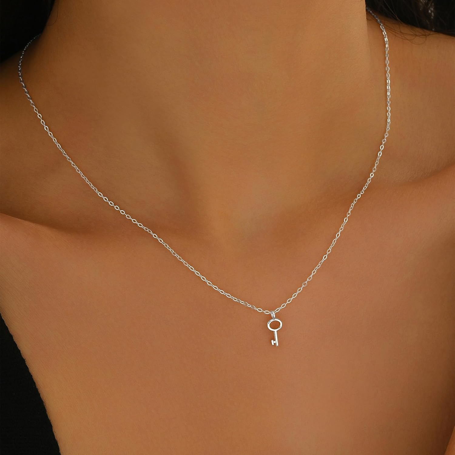 925 Sterling Silver Lucky Key Pendant Charm Silver Necklace for Women 14K Gold Plated Petite Round Key Choker Chain Necklaces to Daughter Unlock Adjustable Necklace Meaningful Jewelry Birthday Friendship Gift