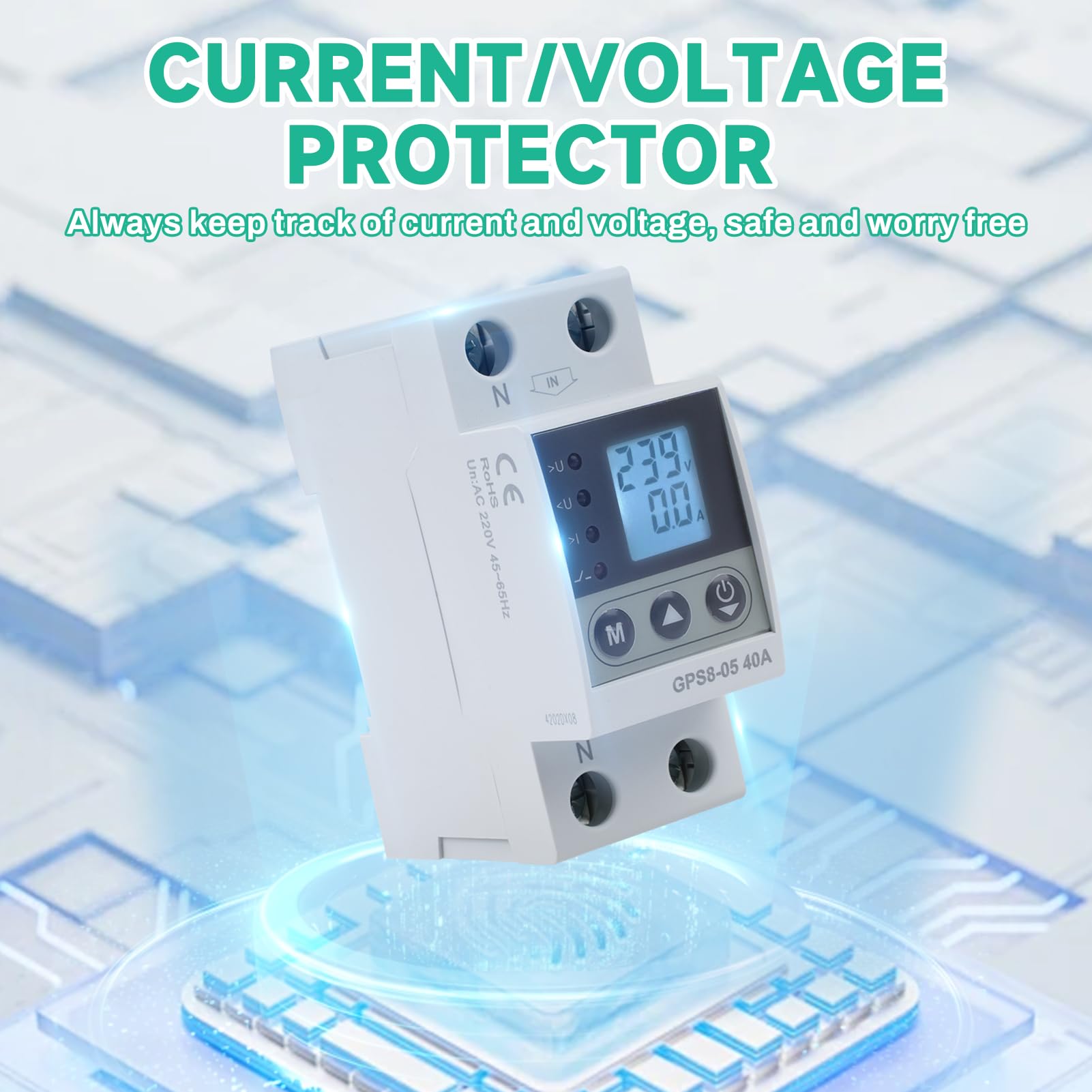 40A stabilizzatore di tensione 220V scaricatore di sovratensione magnetotermico contatore energia elettrica 2P con Funzione di autoreset Sovratensione/sottotensione e sovracorrente (GPS8-05-U)