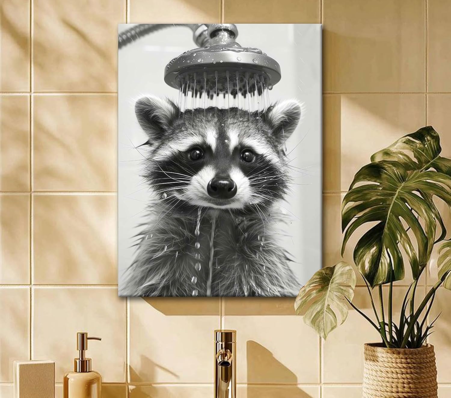 2 Pcs Funny Raccoon Bathroom Canvas Wall Art Black and White Cute Animal Poster Prints Brushing Teeth and Shower Wall Decor for Bathroom Laundry Room Kids Room 12x16 Inch Ready to Hang