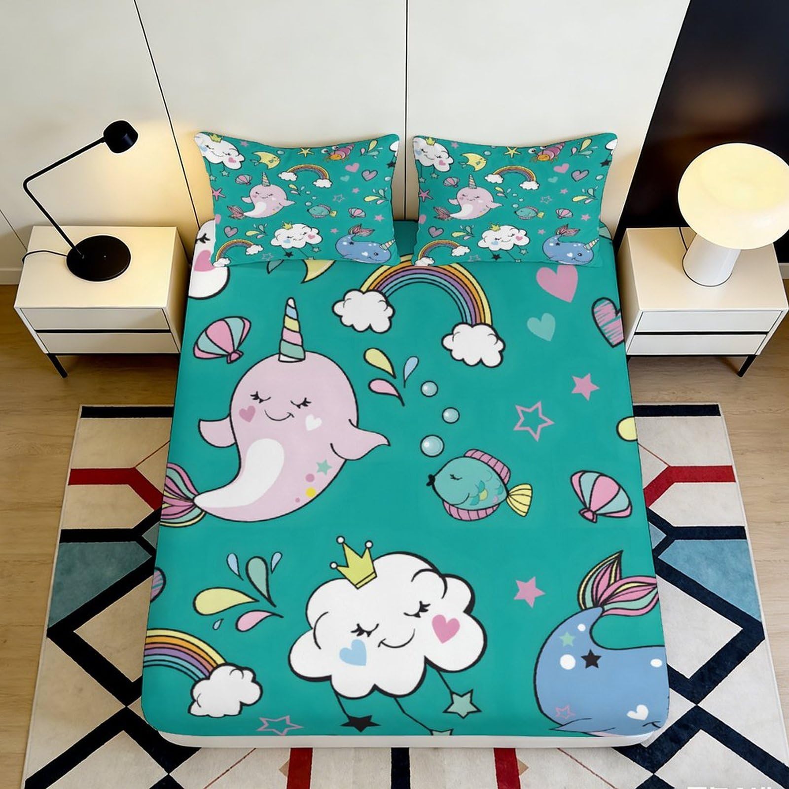Pnayamiorkfel Style-7 3D Printed Cartoon Narwhal Fitted Sheet Microfiber Soft Rainbow Cloud Mattress Cover Bedroom Decor Anti Dust 90X200x25cm