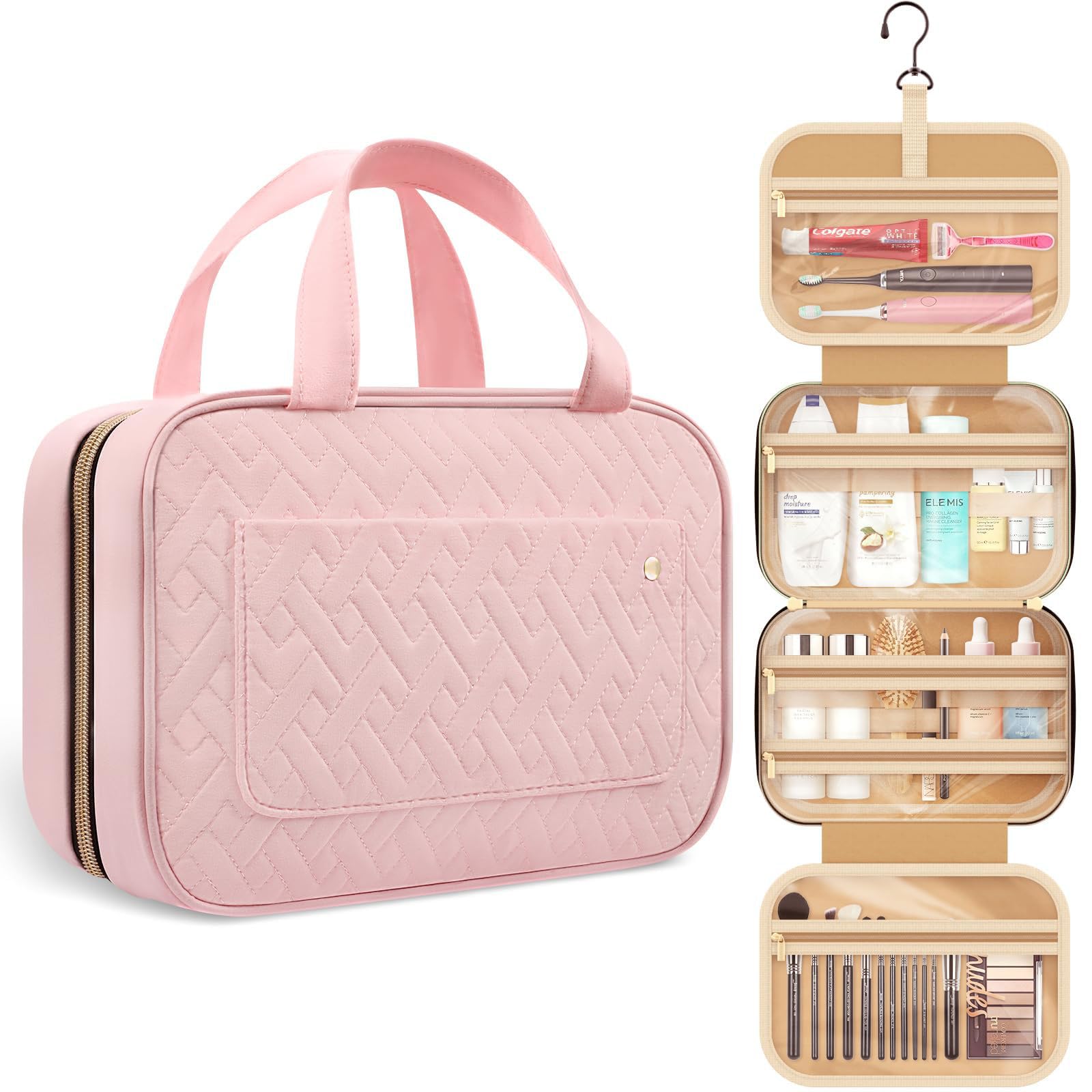 INOVERA (LABEL) Toiletry Bag For Travel - Foldable Cosmetic Makeup Accessories Bags - Hanging Toiletries Storage Organizer Kit (Rose Gold), 8.5 Cm, One Size, Pink-image-40