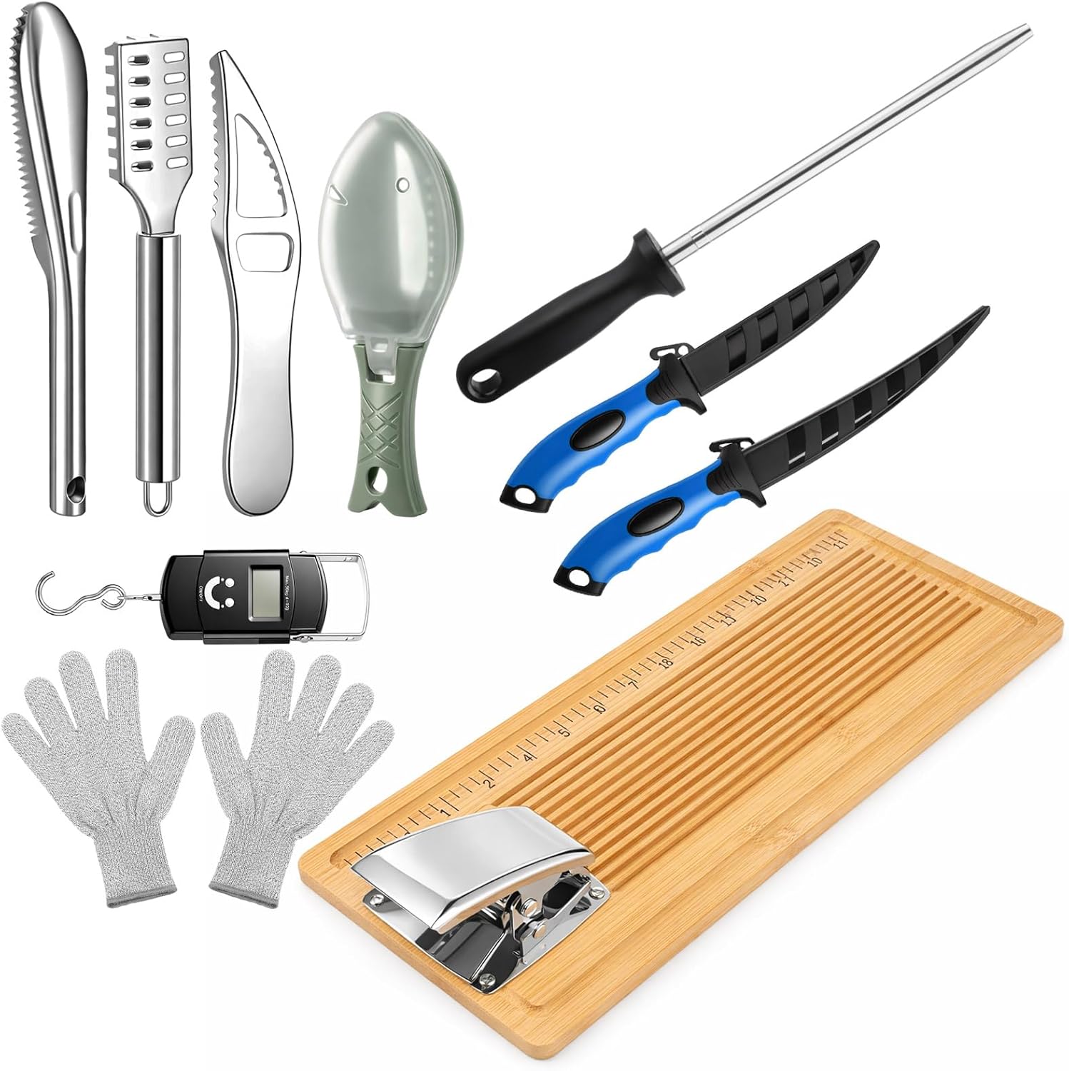 12 Pcs Daily Fish Cleaning Board Kit 18in Bamboo Fish Cutting Measure Board with Clamp, Stainless Steel Fillet Knife Kit Combo, Honing Rod, Gloves, Fishing Digital Scale, Gifts for Men