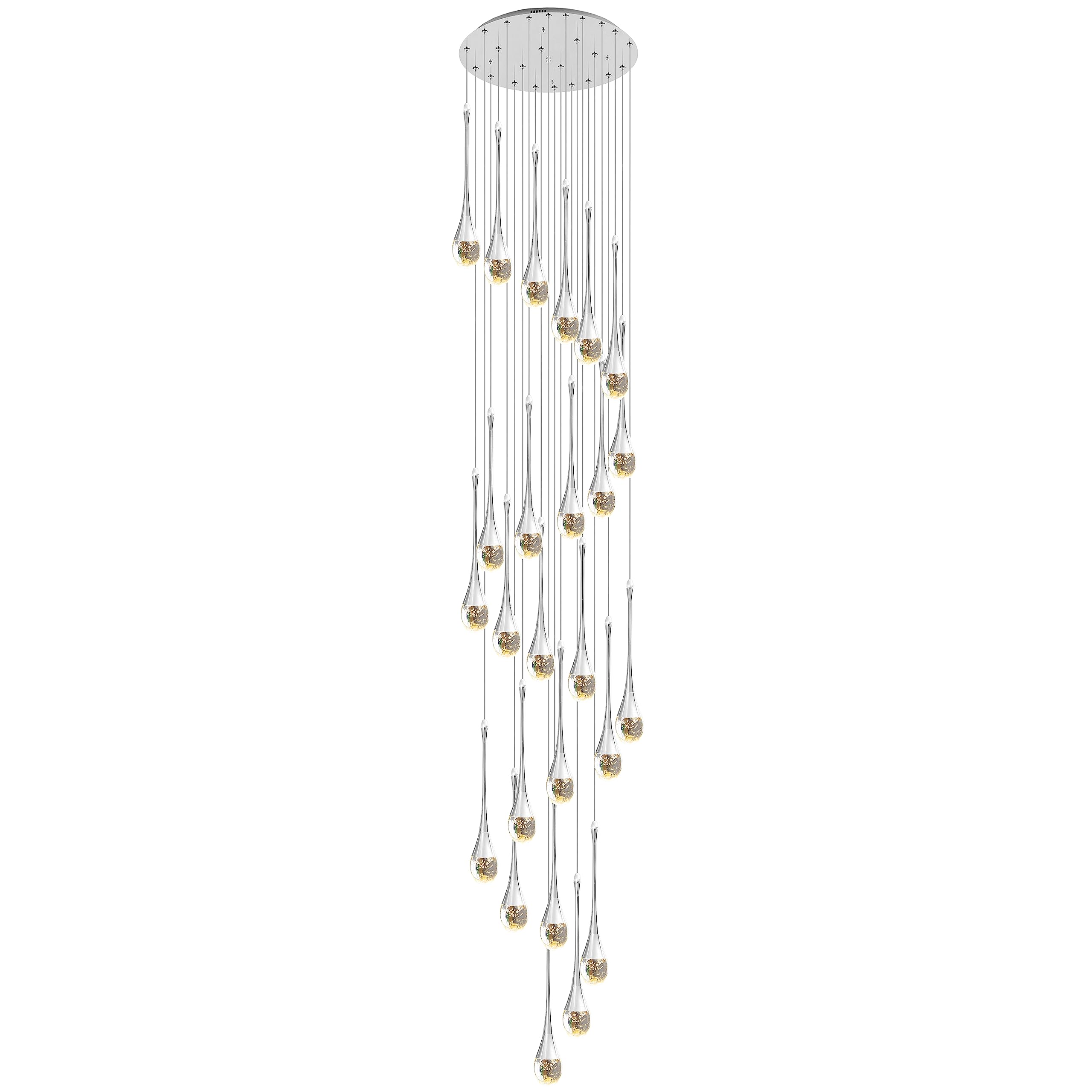 KXEcoLife 25-Light High Ceiling Chandeliers LED 3CCT Dimmable Modern Raindrop Spiral Crystal Pendant Light Dome Long Chandelier Fixtures For Foyer Entryway Stairwell Lighting