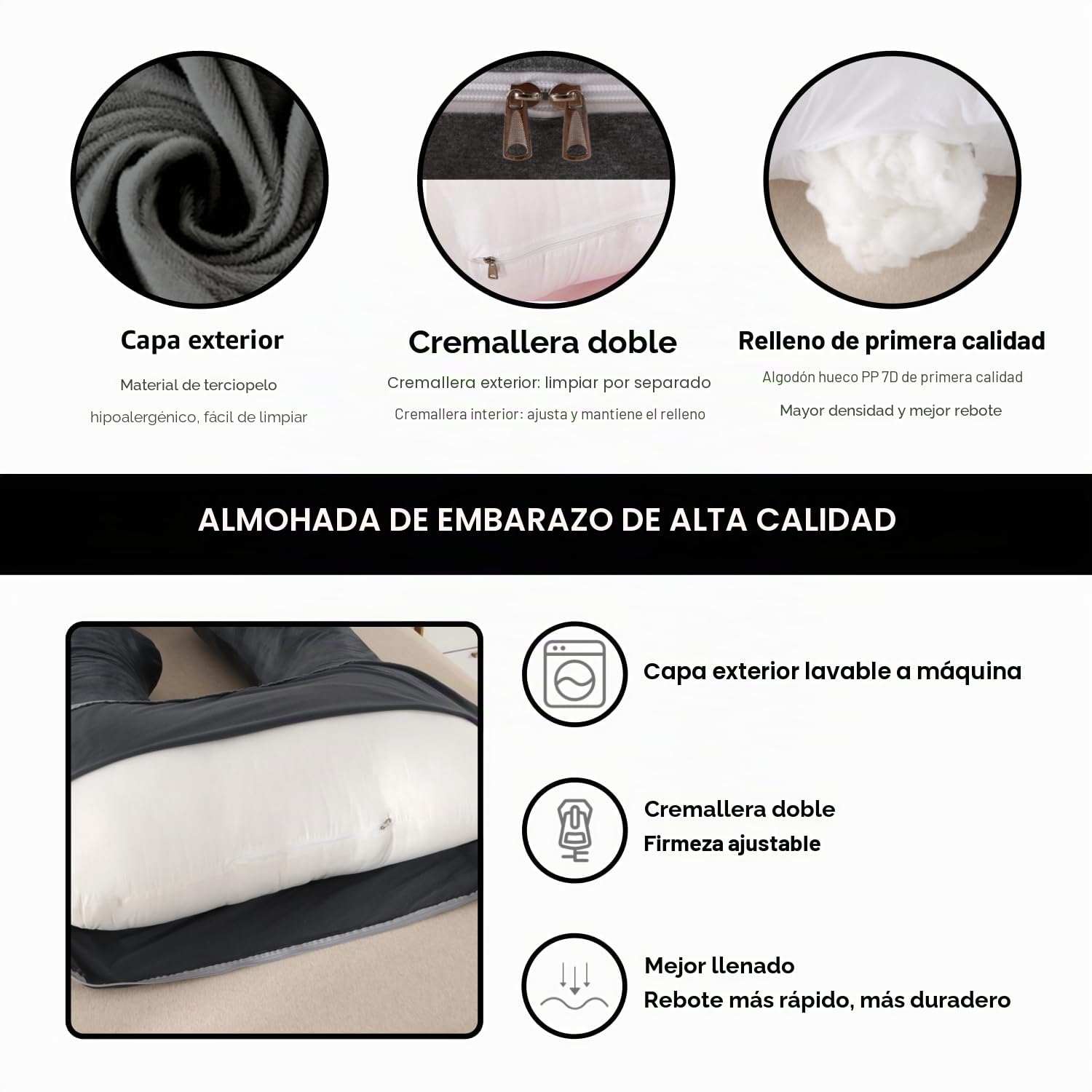 ALLOPERA, cojín de Embarazo 145 cm – Soporte para piernas, Espalda, Cuello, Hombros, Caderas, Abdomen para Mujeres Embarazadas, con Funda extraíble y Lavable de Terciopelo (Gris-Negro)