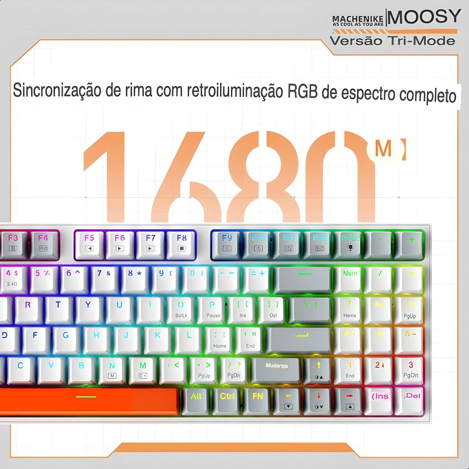 Close-up image of the Machenike K500W keyboard showcasing its full-spectrum RGB backlighting with 16.8 million colors.